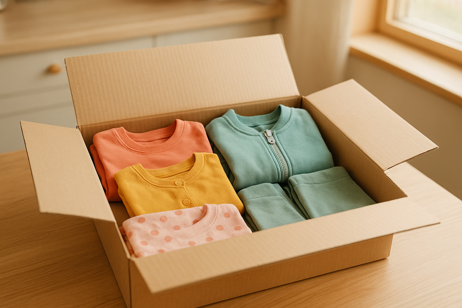 Open delivery box filled with subscribed kids fashion clothing items on a kitchen table