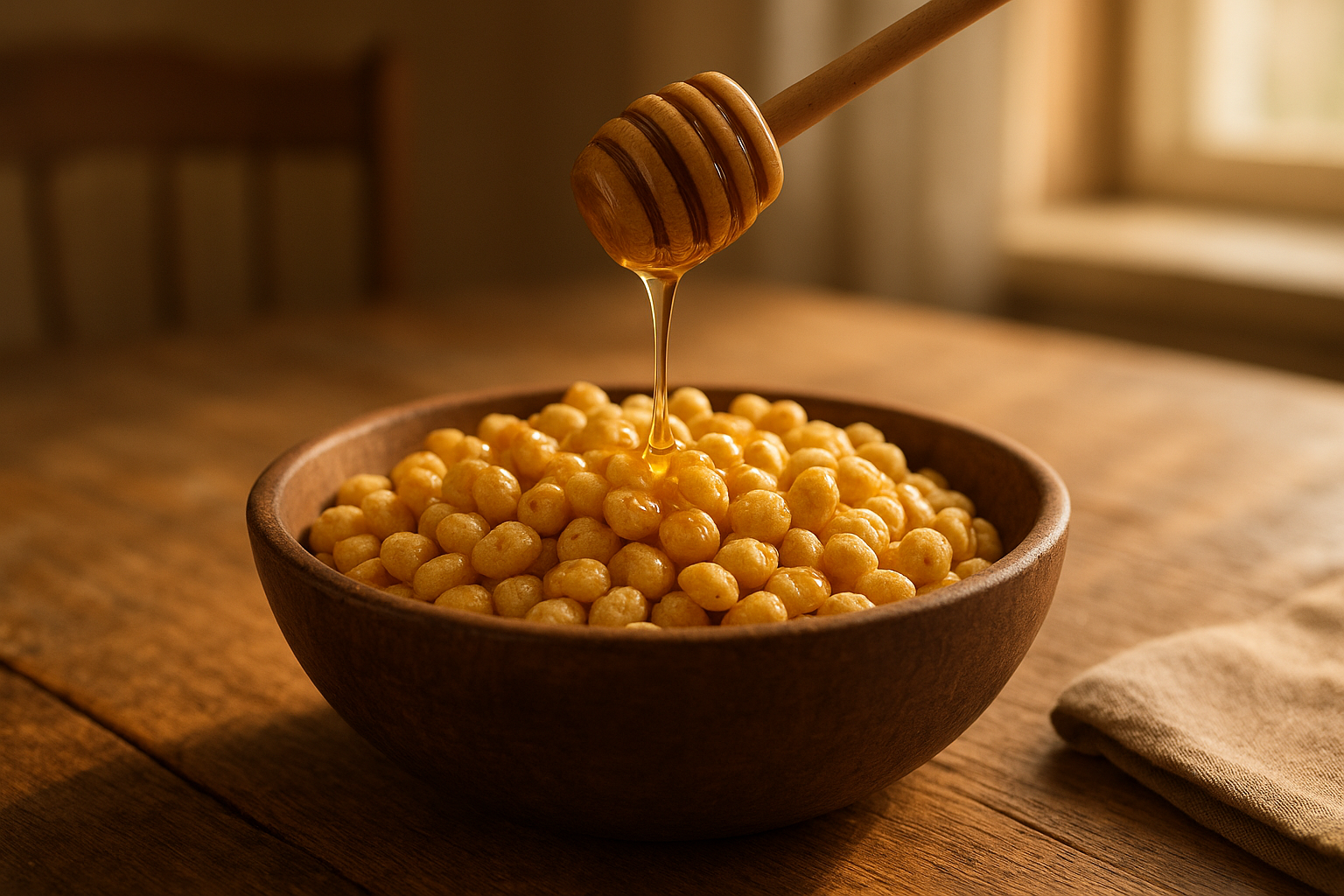 Bowl of honey sweetened cereal drizzled with honey on a wooden table
