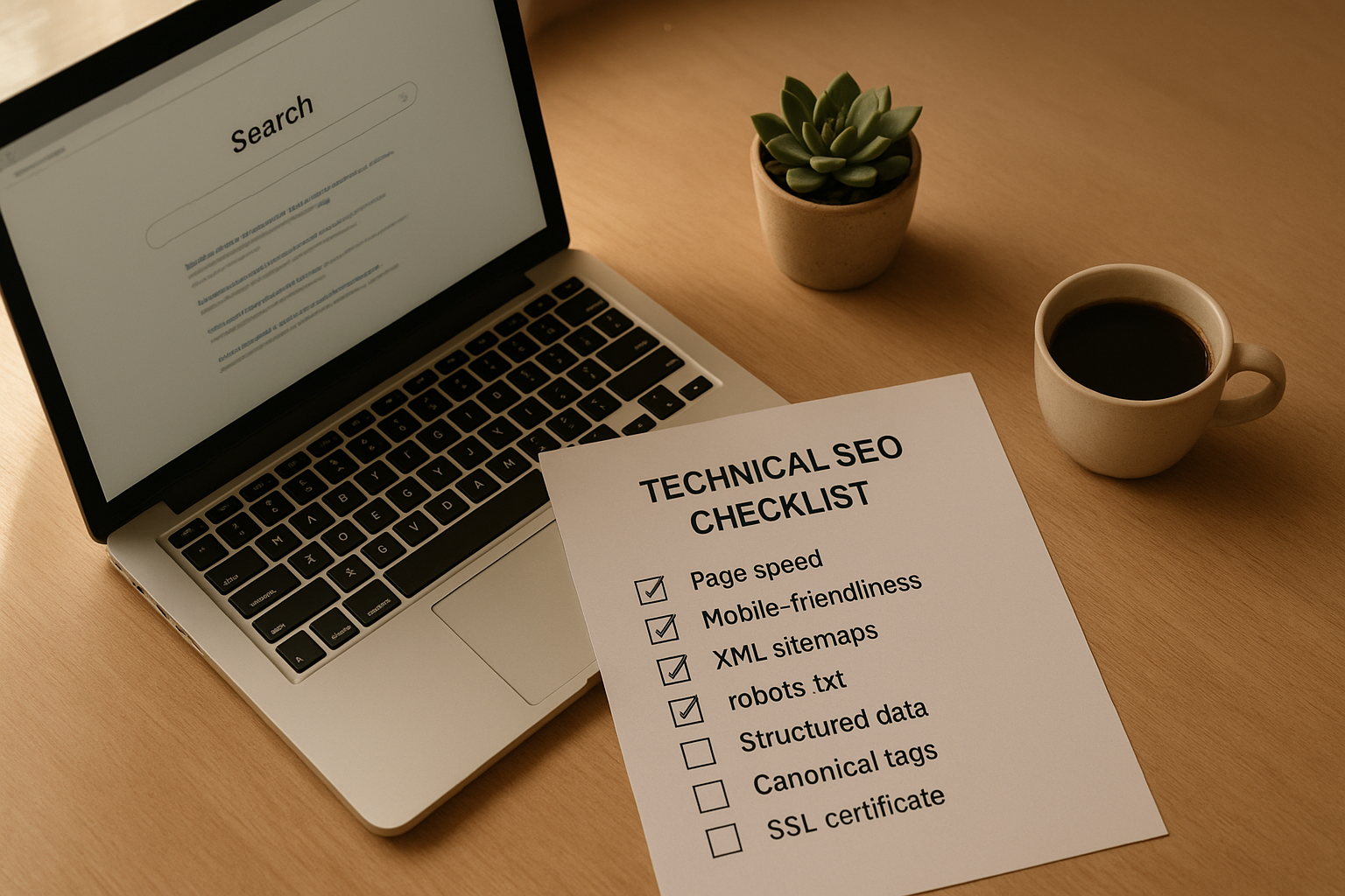 SEO professional reviewing a technical crawls optimization checklist at a clean desk workspace