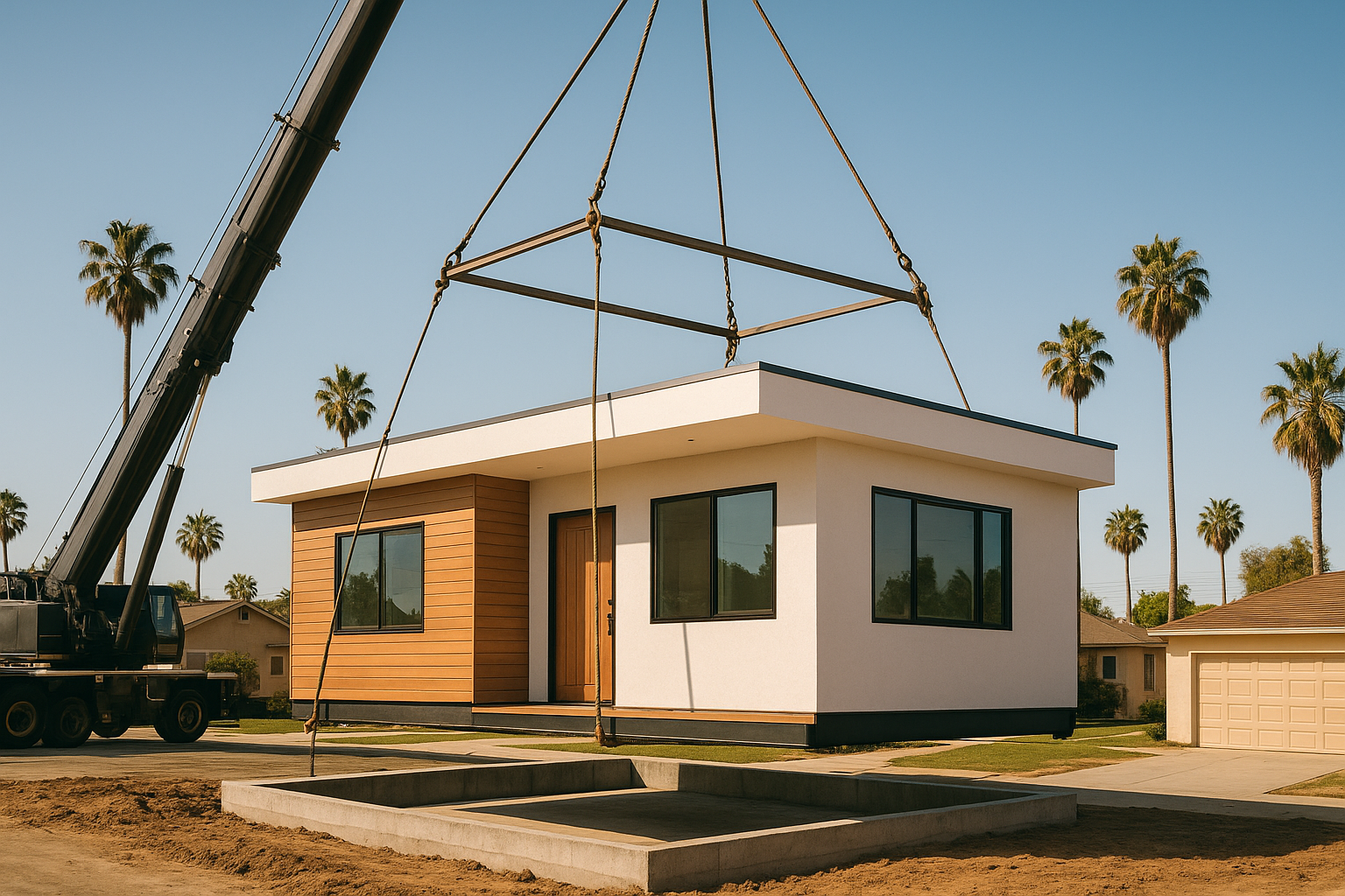 Modular homes California crane assembly on residential foundation