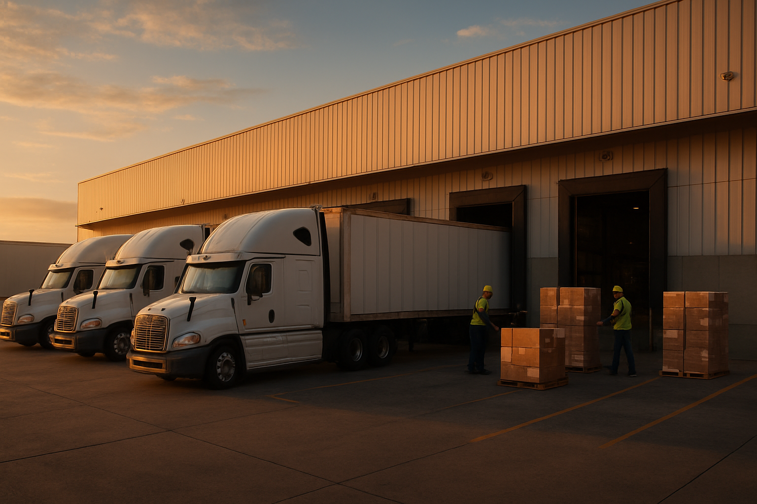 Semi-trucks loading freight at a warehouse dock coordinated by logistics staff