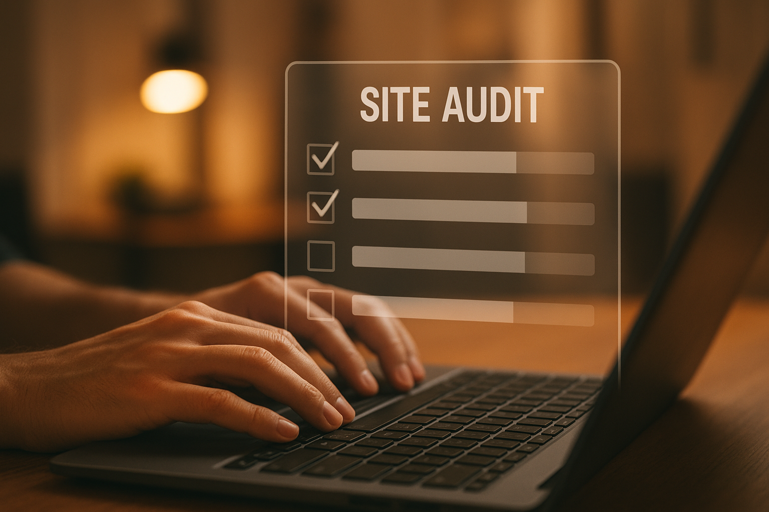 Close-up of a founder reviewing a startup SEO audit checklist on a laptop