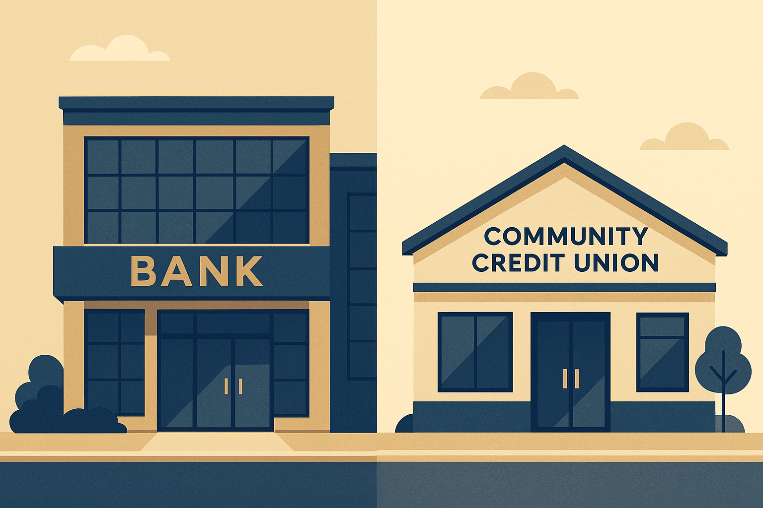 Illustration comparing a bank building and a credit union office side by side