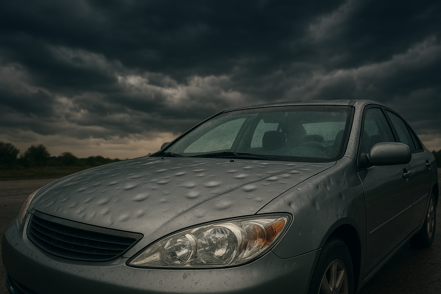 Car with hail damage before weather-related vehicle repair Brea service