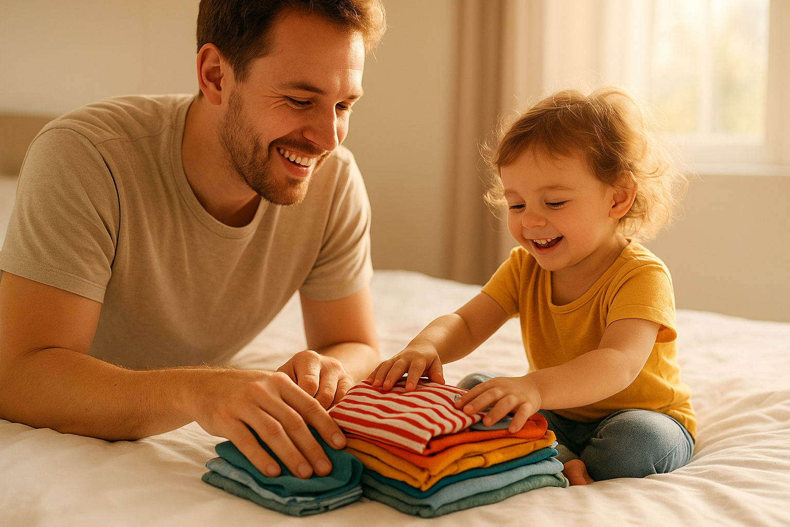 Parent and child sorting children's clothing together as part of a kids rotating wardrobe system