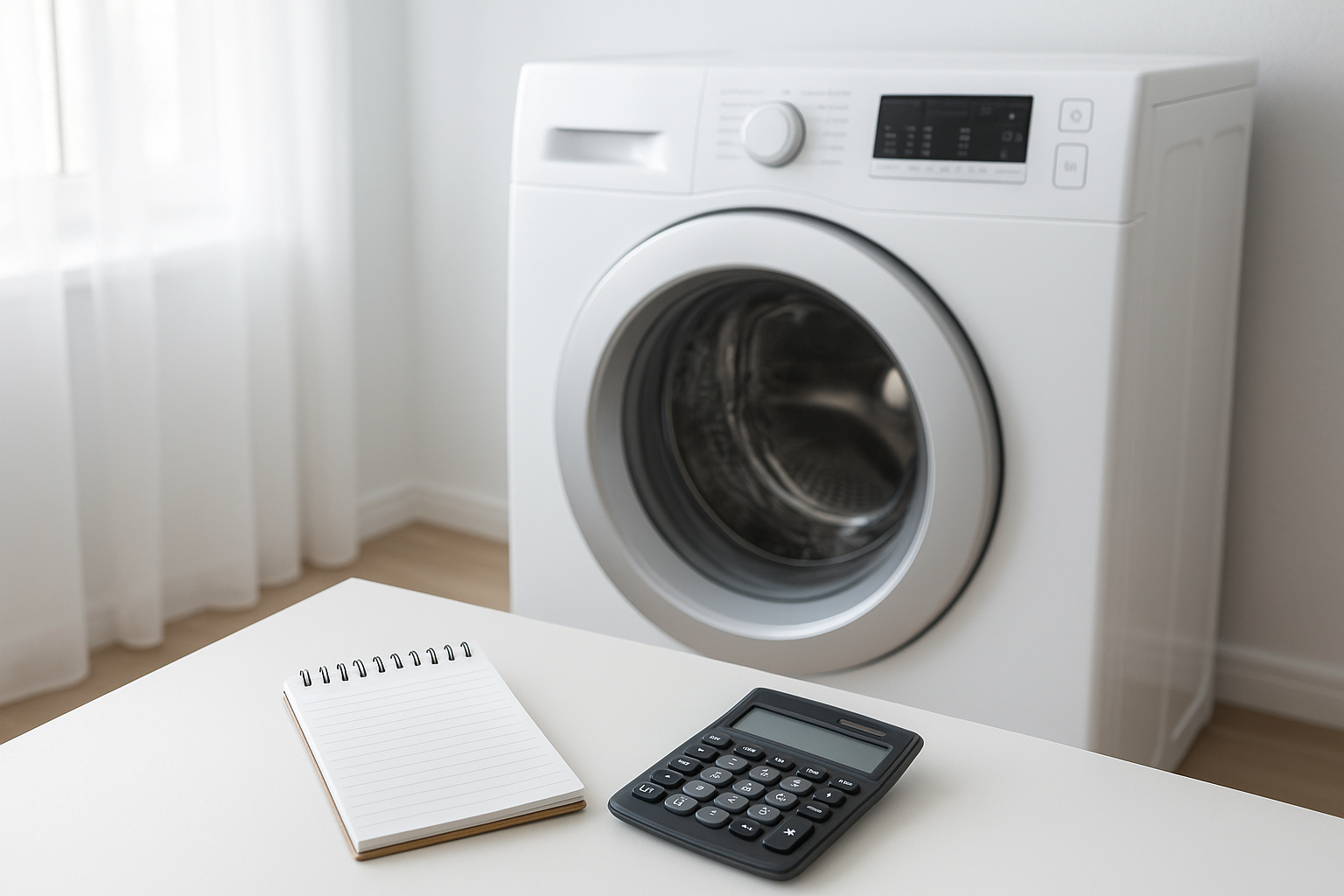Front-load washing machine in a bright laundry room representing repair cost planning