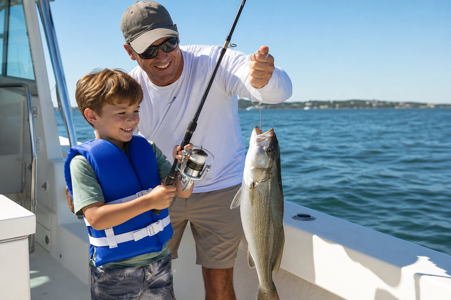 Captain assisting a child angler on a private charter deck during a family fishing trip