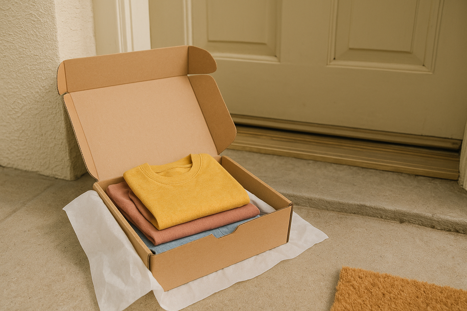 Shipping box of rented children's clothing delivered to a family's front door