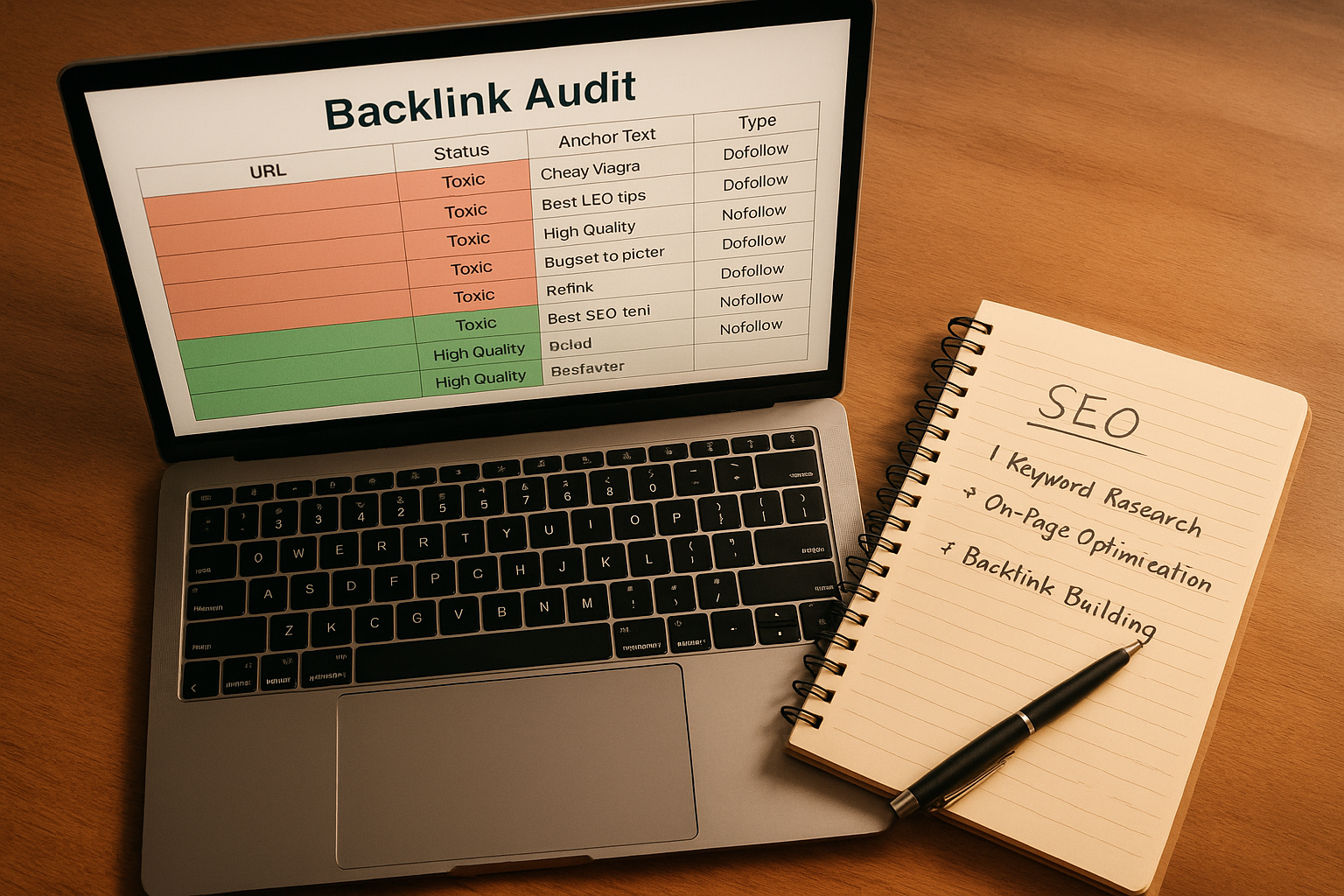 Backlink audit spreadsheet with toxic and high-quality links color-coded for SEO review