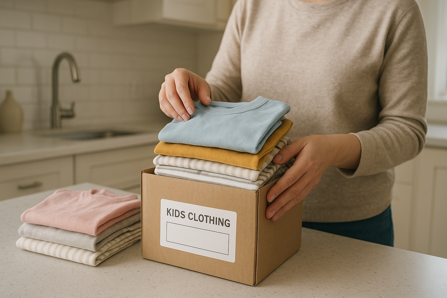 Parent packing return shipment for a children's clothing rental service