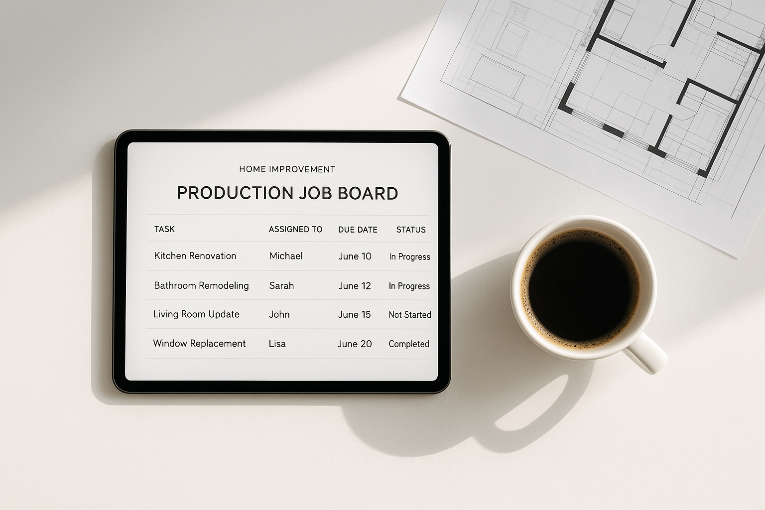 Tablet showing a production job board used to track marketing-sourced jobs