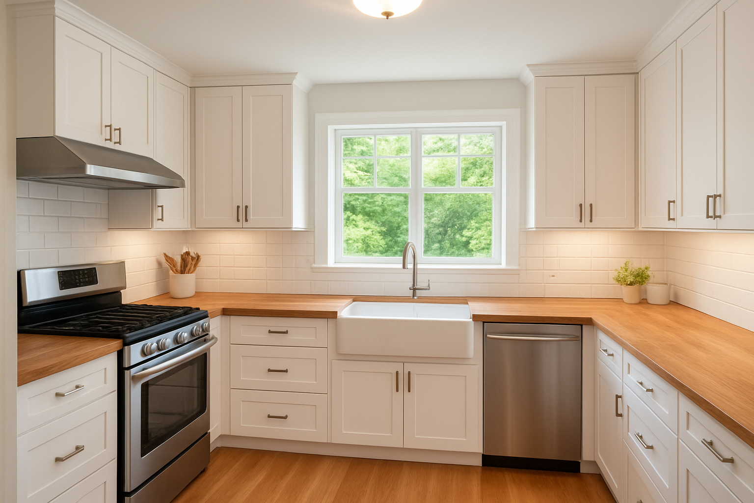 Completed cabinet refacing process in a bright modern kitchen with white shaker doors