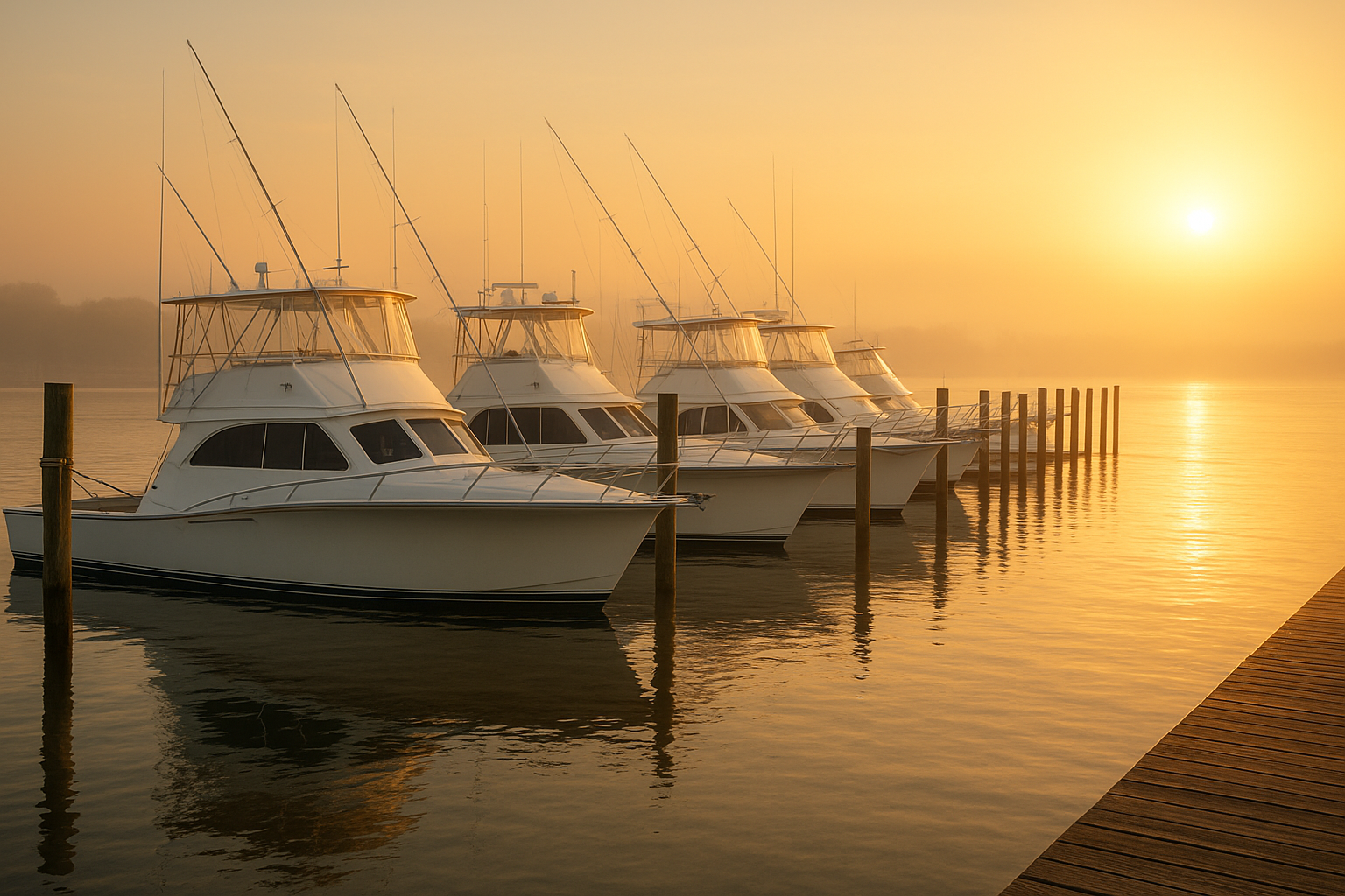 Private charter boats from the north myrtle beach fishing fleet docked at sunrise