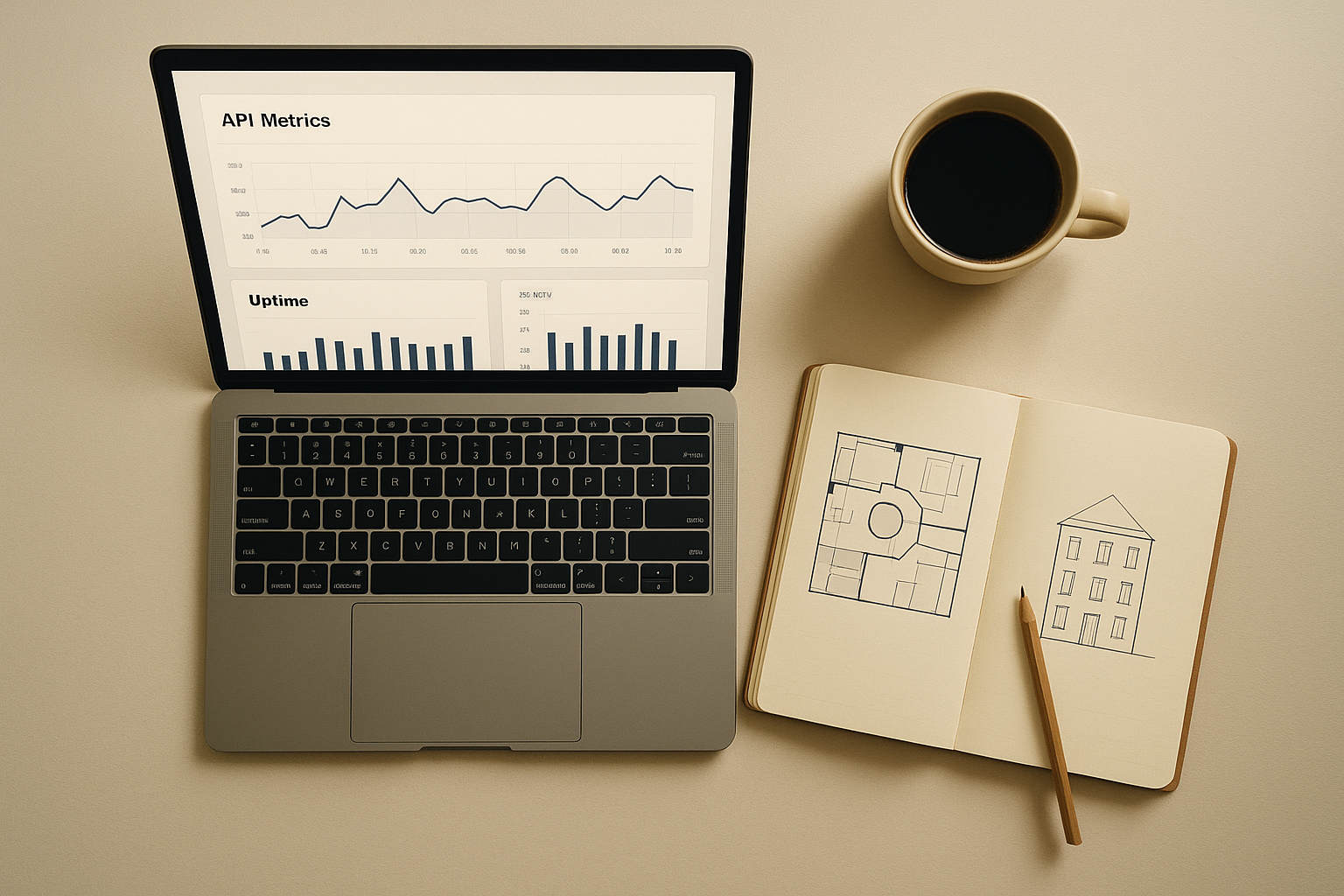 Developer workspace reviewing app enabler API metrics and architecture plans on a laptop dashboard
