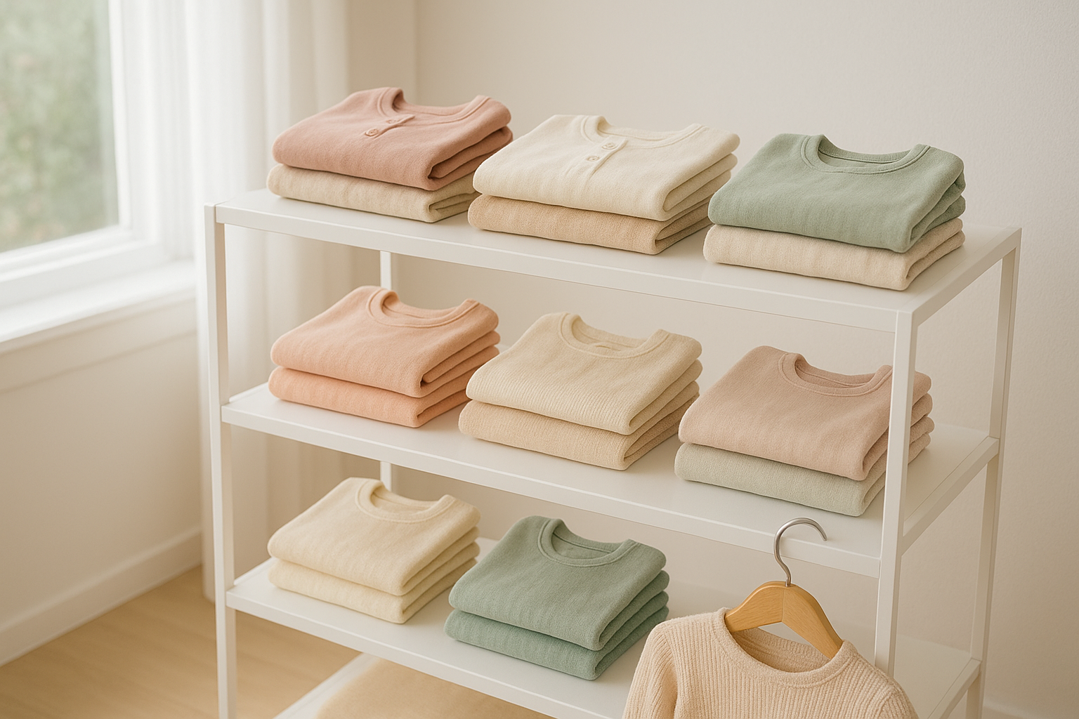 Rack of folded premium kids rental clothing organized by size for a subscription delivery