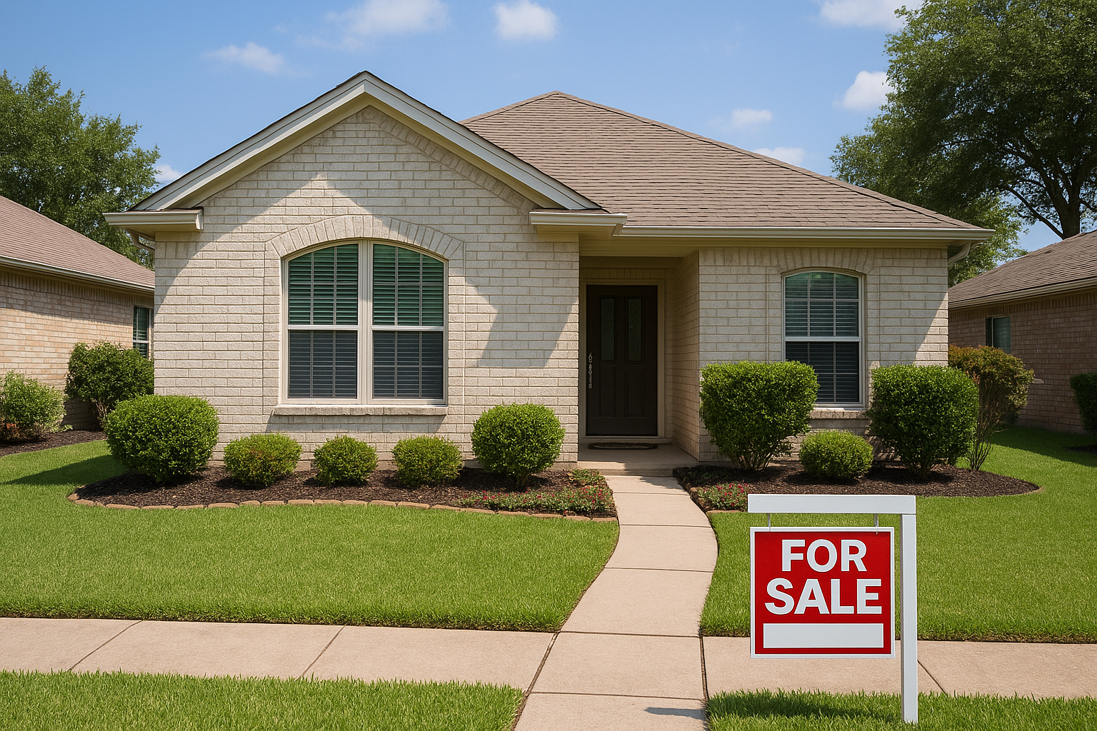 Small single-story patio home with a for sale sign in a San Antonio neighborhood