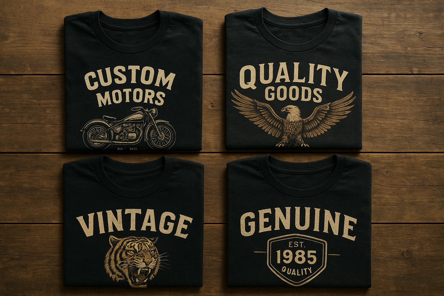 Flat lay of folded men's custom t-shirts with vintage graphic prints