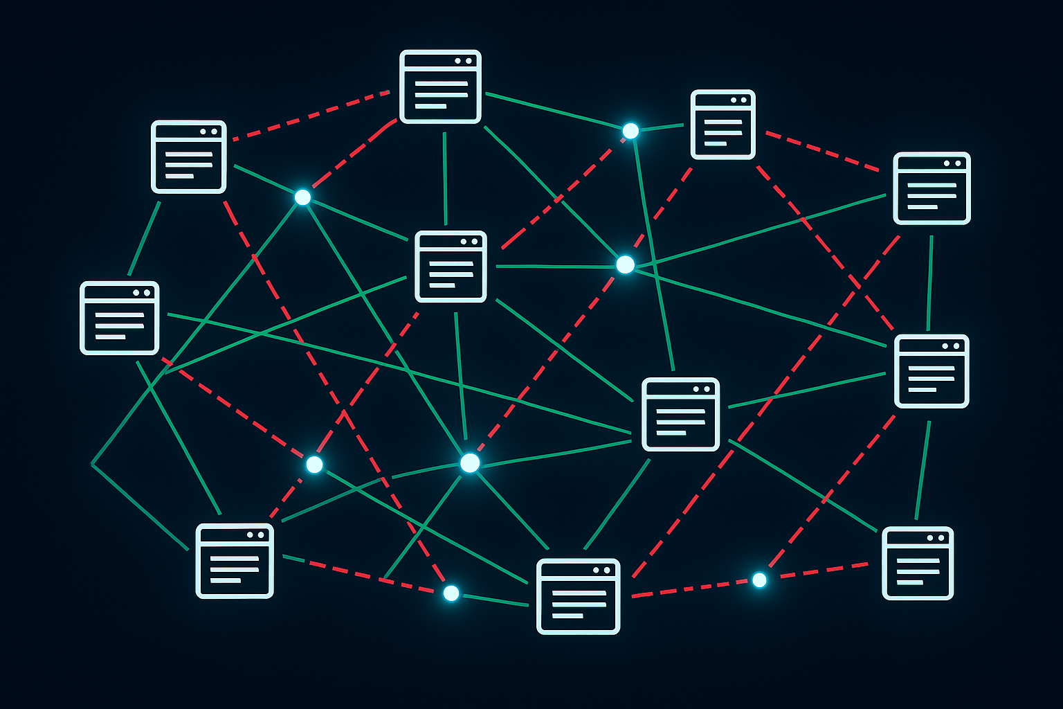 Network diagram illustrating internal and external dead links breaking the connection between web pages