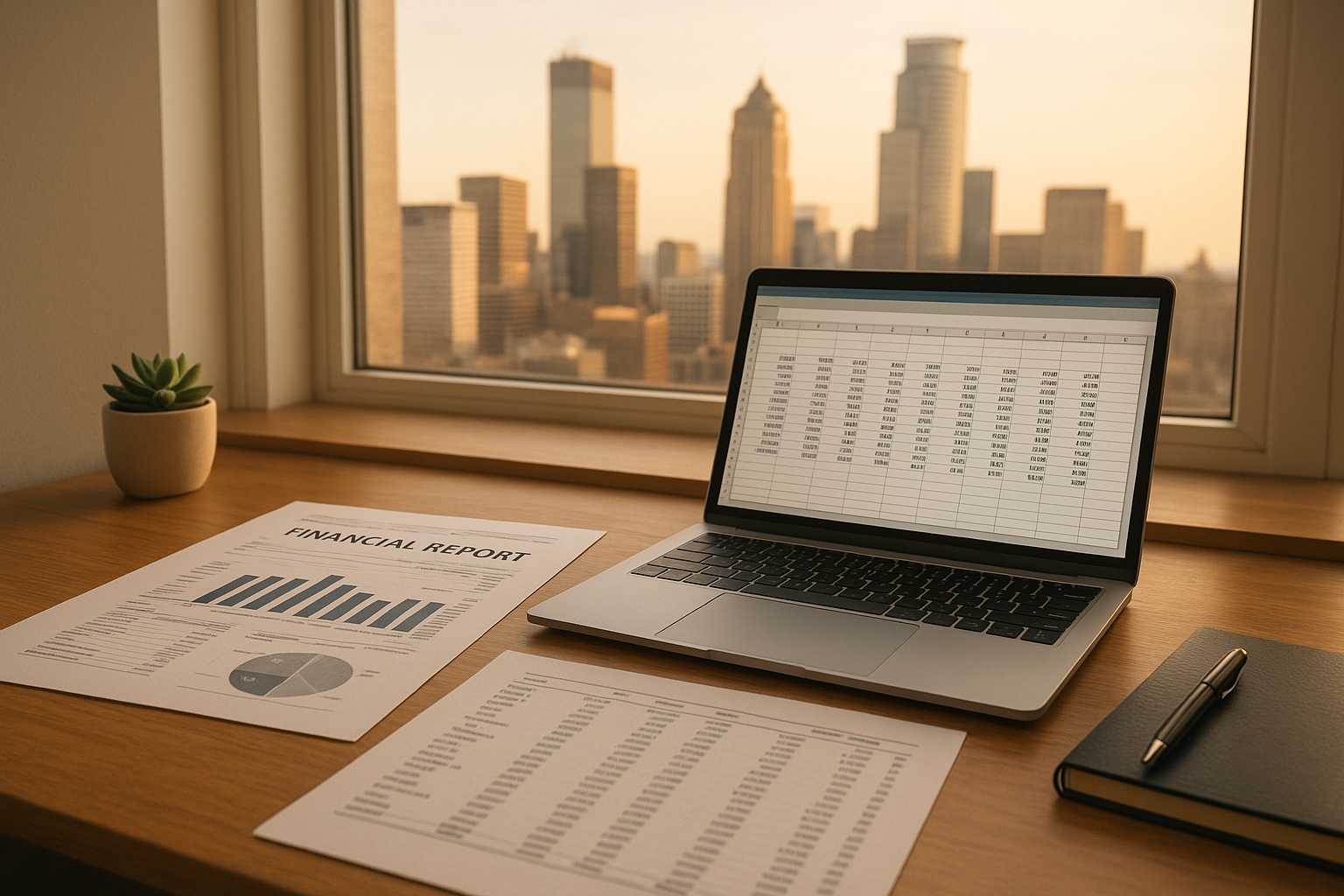Financial documents prepared for minnesota grant application accounting on a Minneapolis office desk