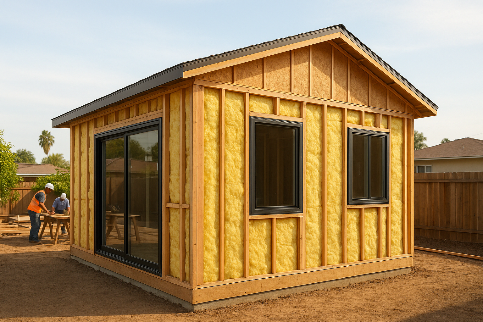 Framed ADU showing insulation and windows required for title 24 compliant adu construction