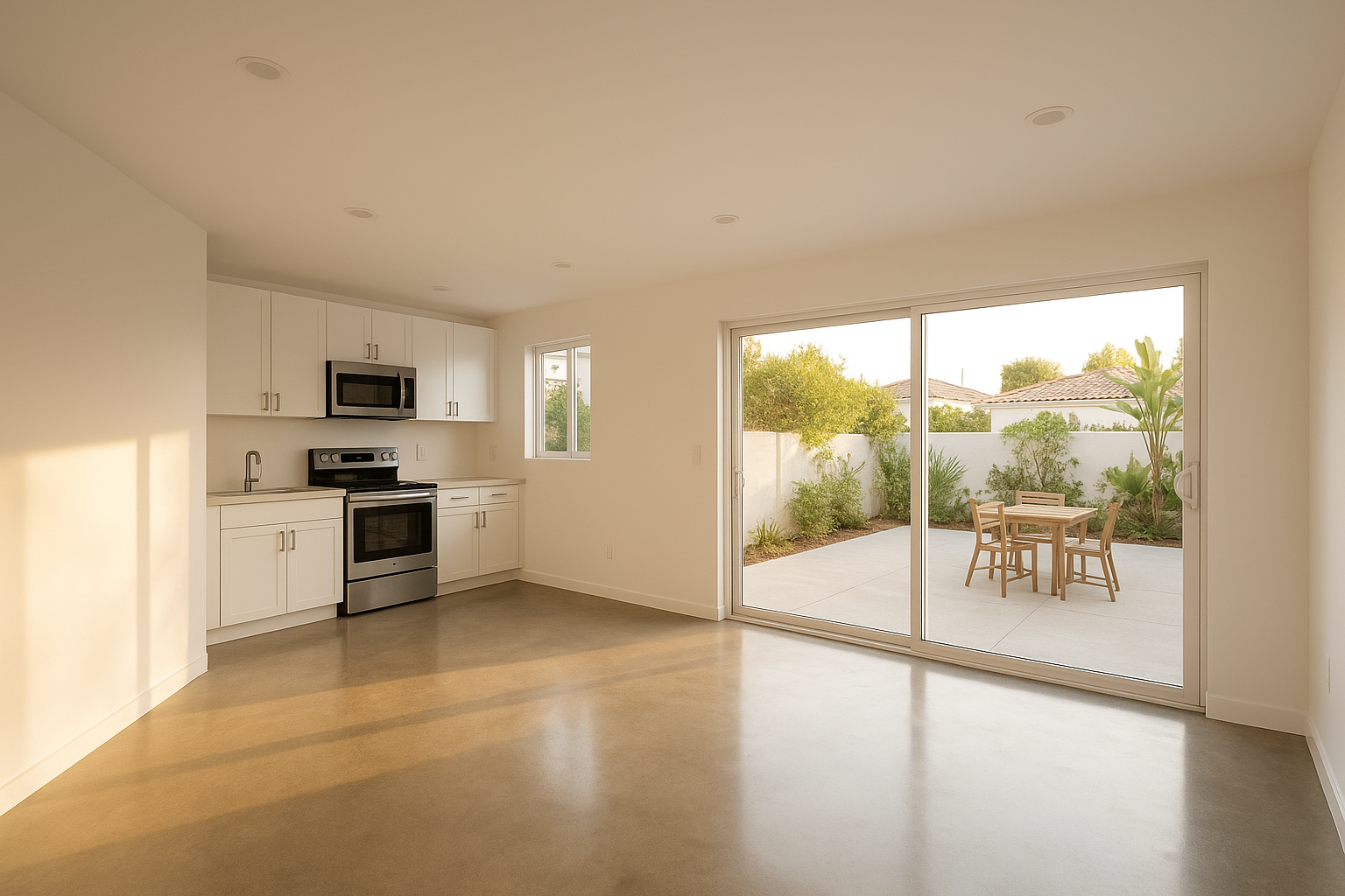Completed Los Angeles garage conversion transformed into a modern studio ADU with open living space