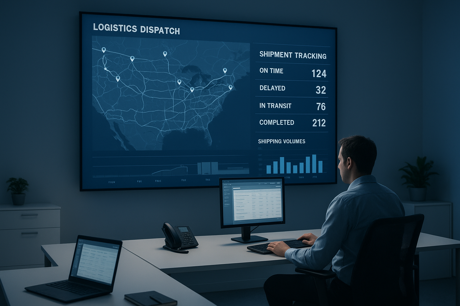 Dispatcher reviewing uber freight style digital load matching dashboard in a logistics office