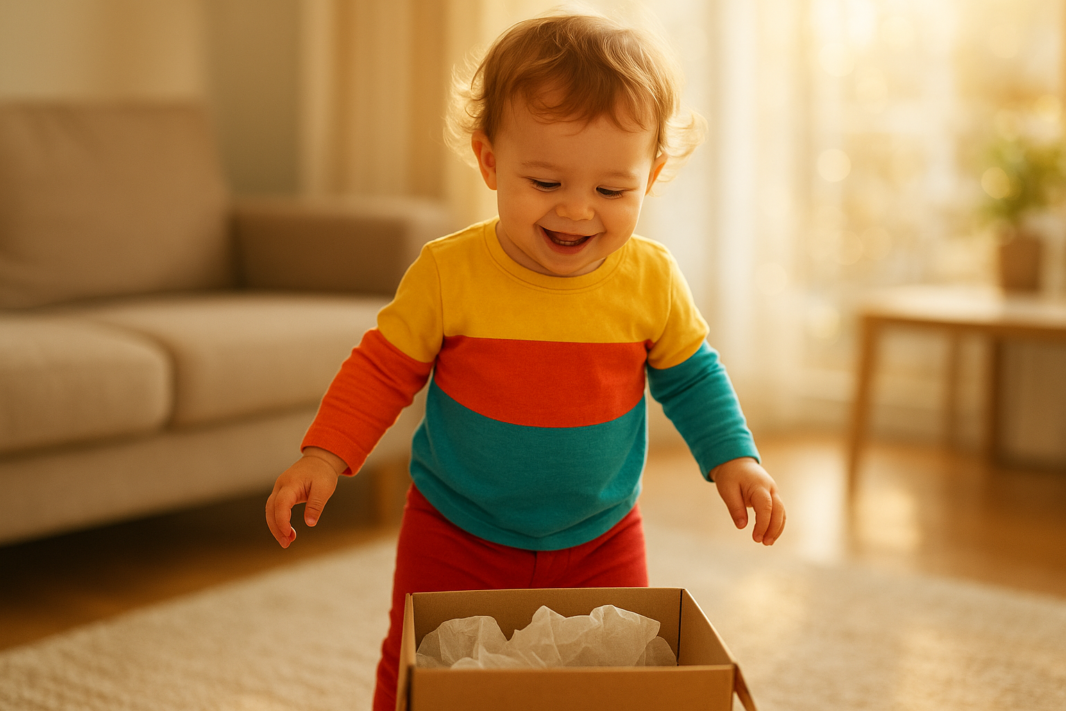 Happy toddler exploring a children's clothing delivery box in a sunny living room