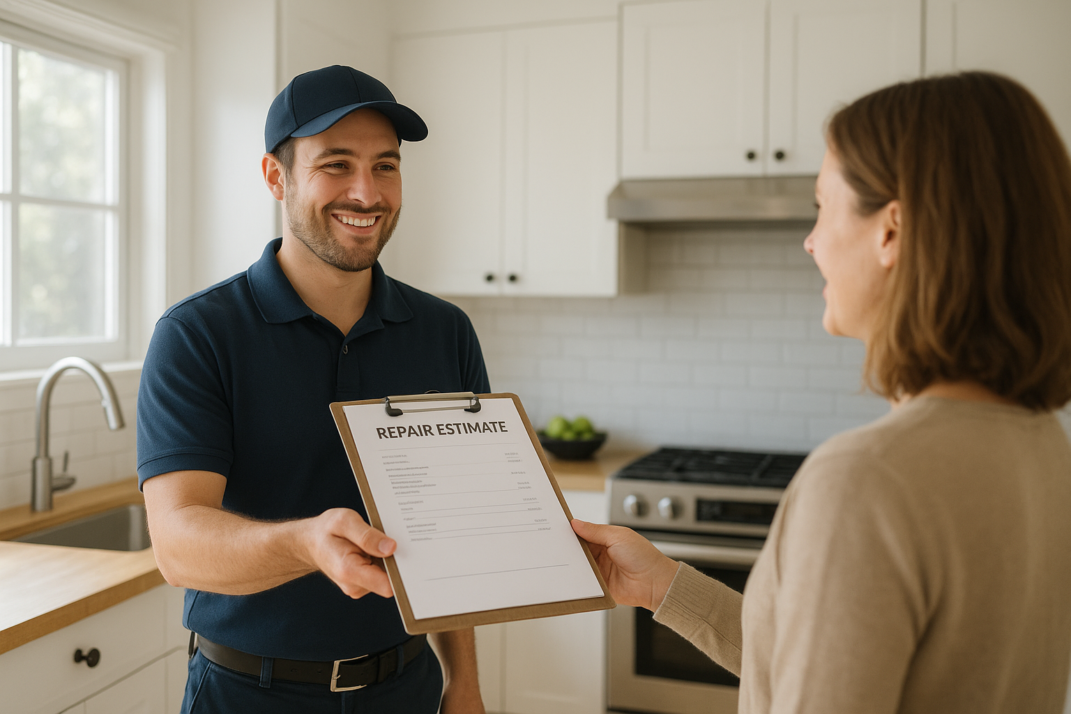 Technician providing a written estimate before starting refrigerator repair work