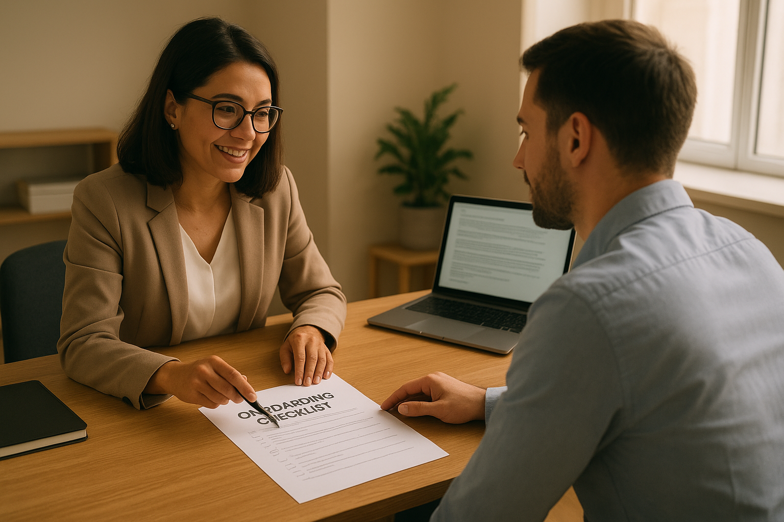 HR professional explaining the employee onboarding definition to a new hire during a checklist review