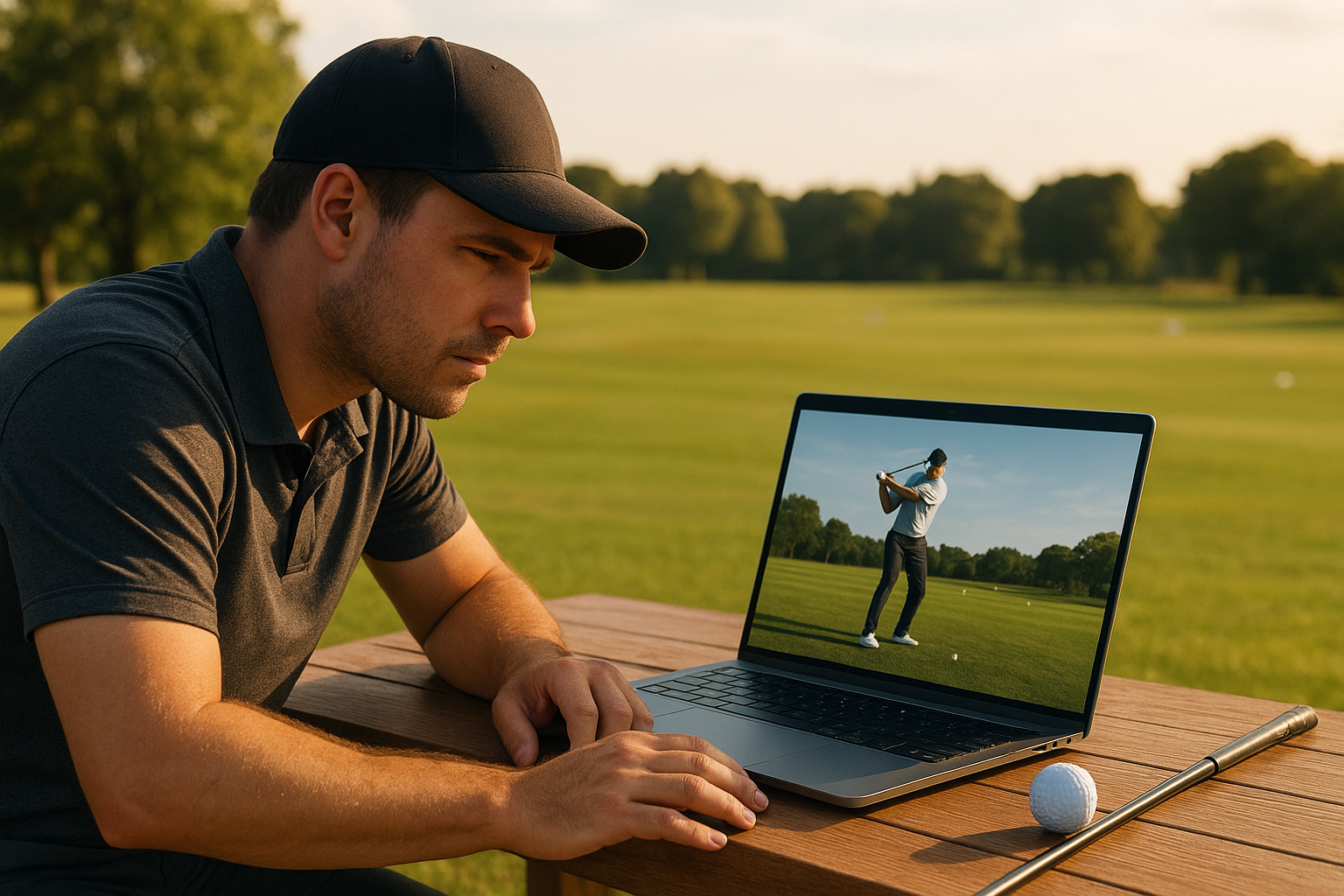 Golfer reviewing swing video footage as part of remote advanced swing coaching