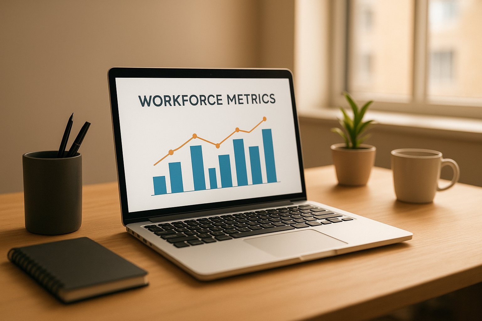 Laptop screen showing HR analytics for small businesses dashboard with turnover and headcount charts