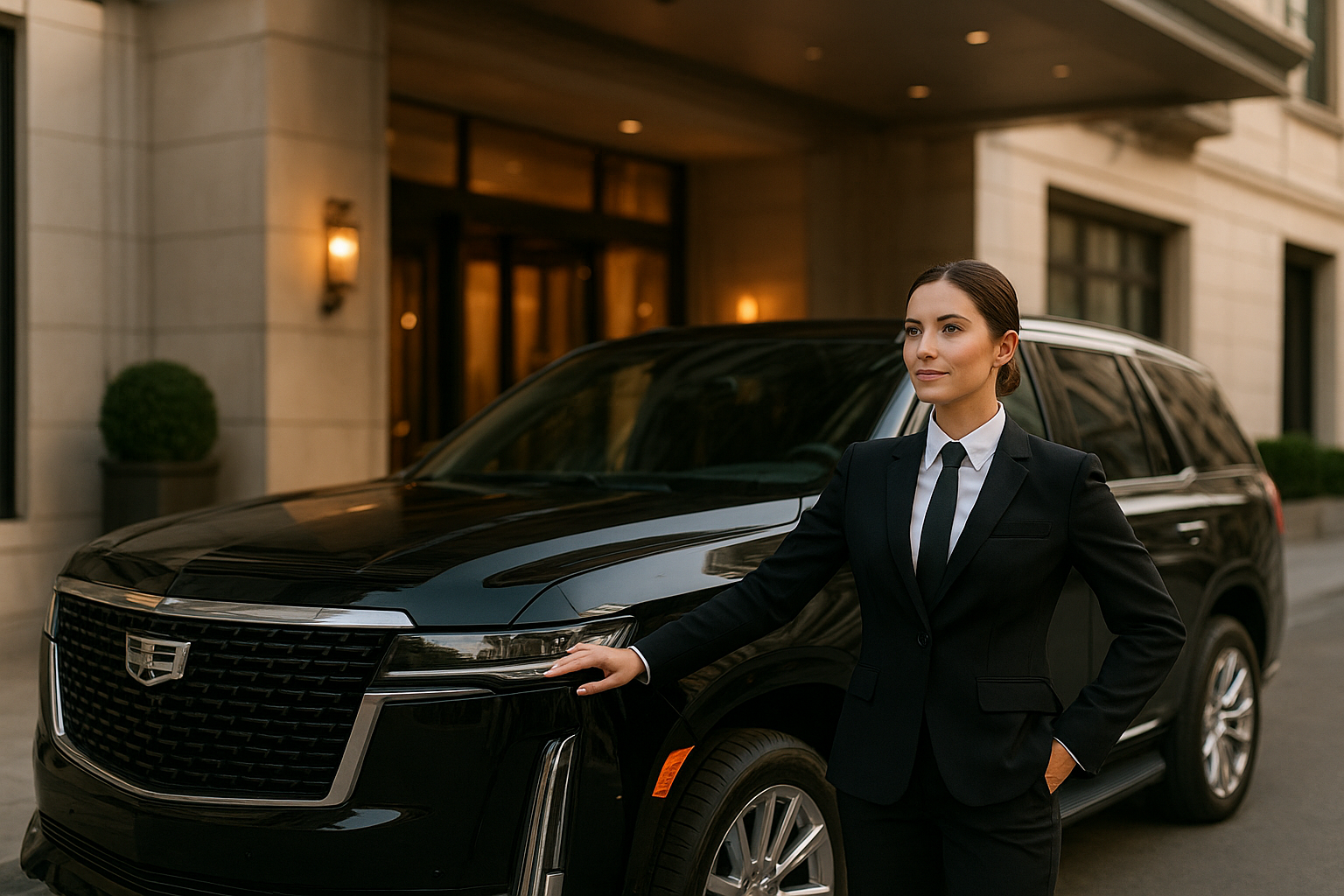 Professional lady chauffeur standing beside a luxury black SUV in Charlotte, NC
