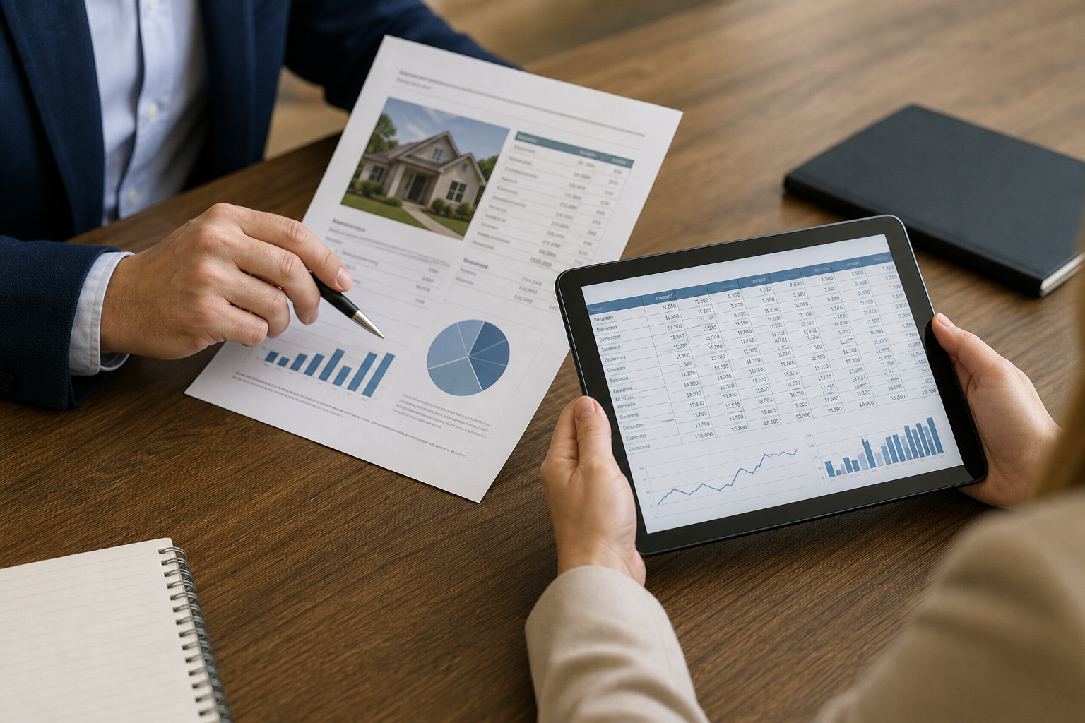 Two investors reviewing a printed comp report alongside a buyers list spreadsheet on a tablet