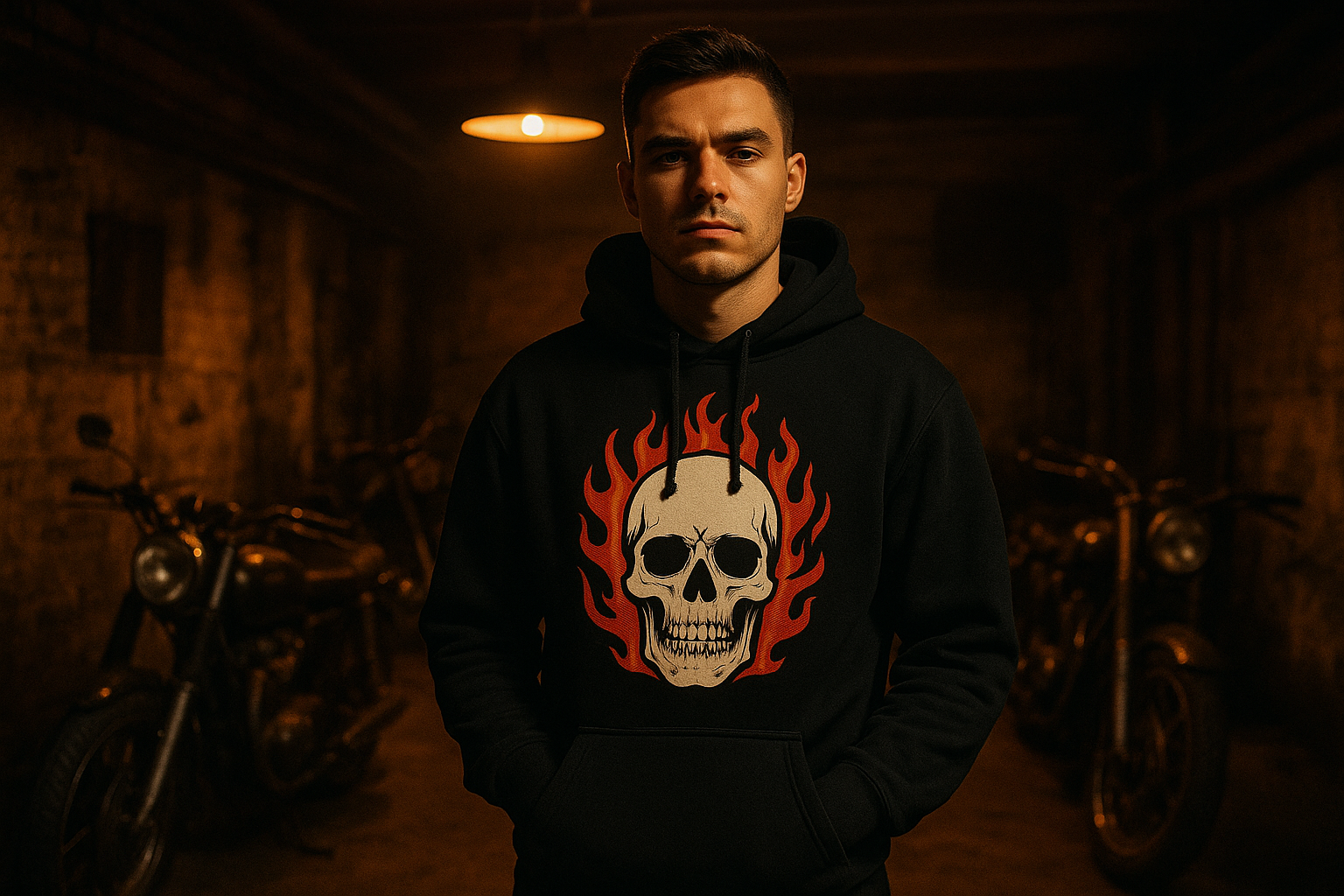 Person wearing a custom hoodie with bold vintage-inspired graphic design in a garage setting