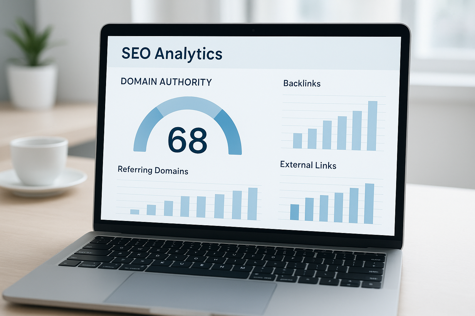 Free online DA checker dashboard showing domain authority score gauge and backlink metrics on a laptop screen