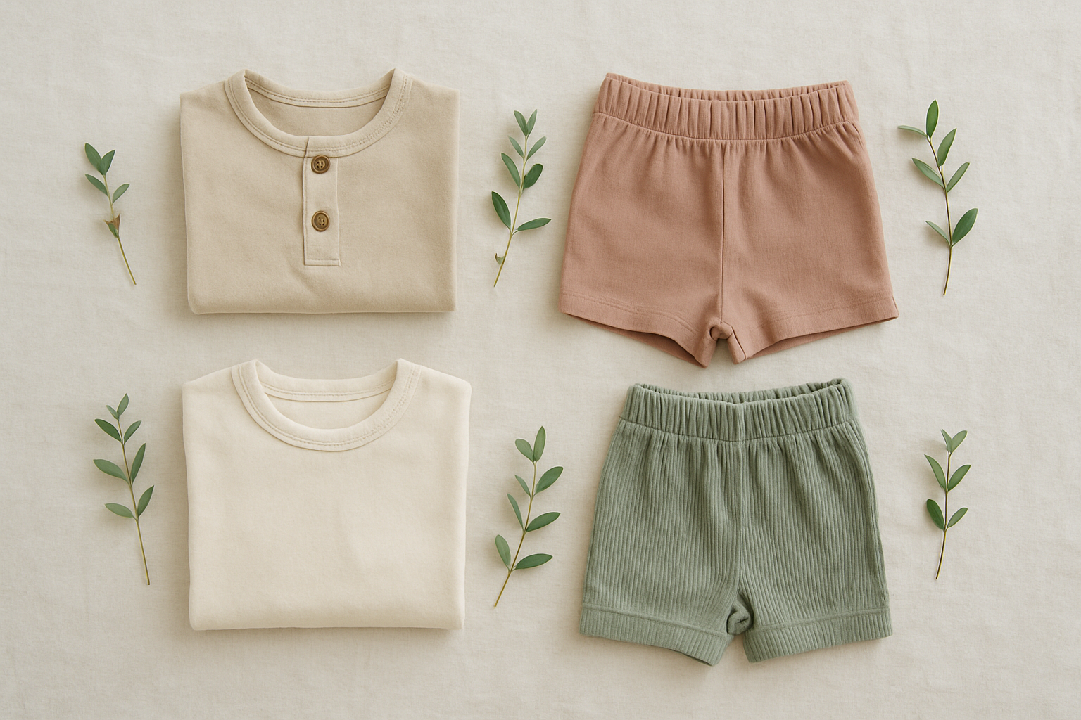 Eco-friendly children's clothing items laid flat representing sustainable kids fashion rental