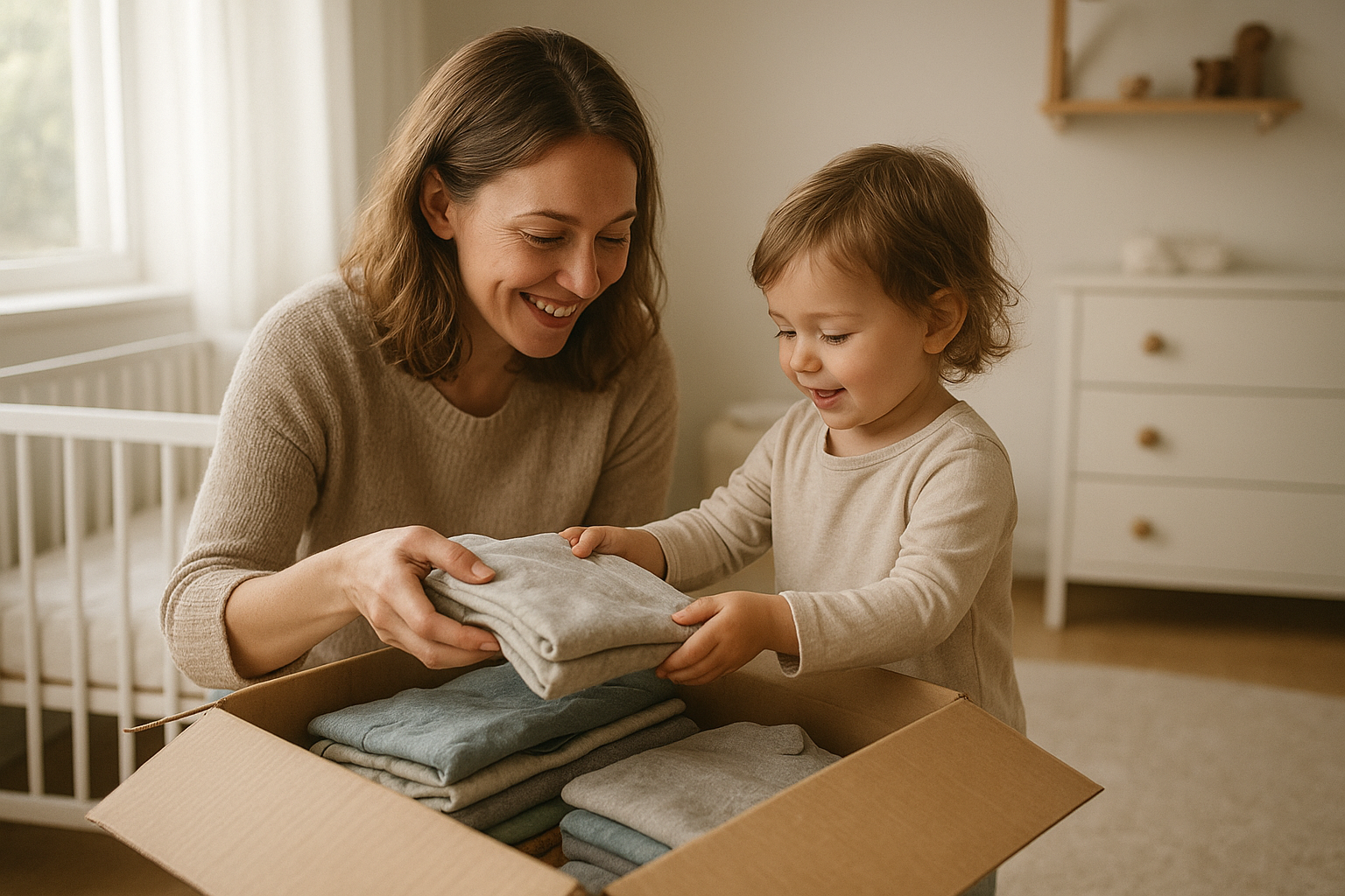 Parent and toddler unpacking a delivery from a children's clothing subscription