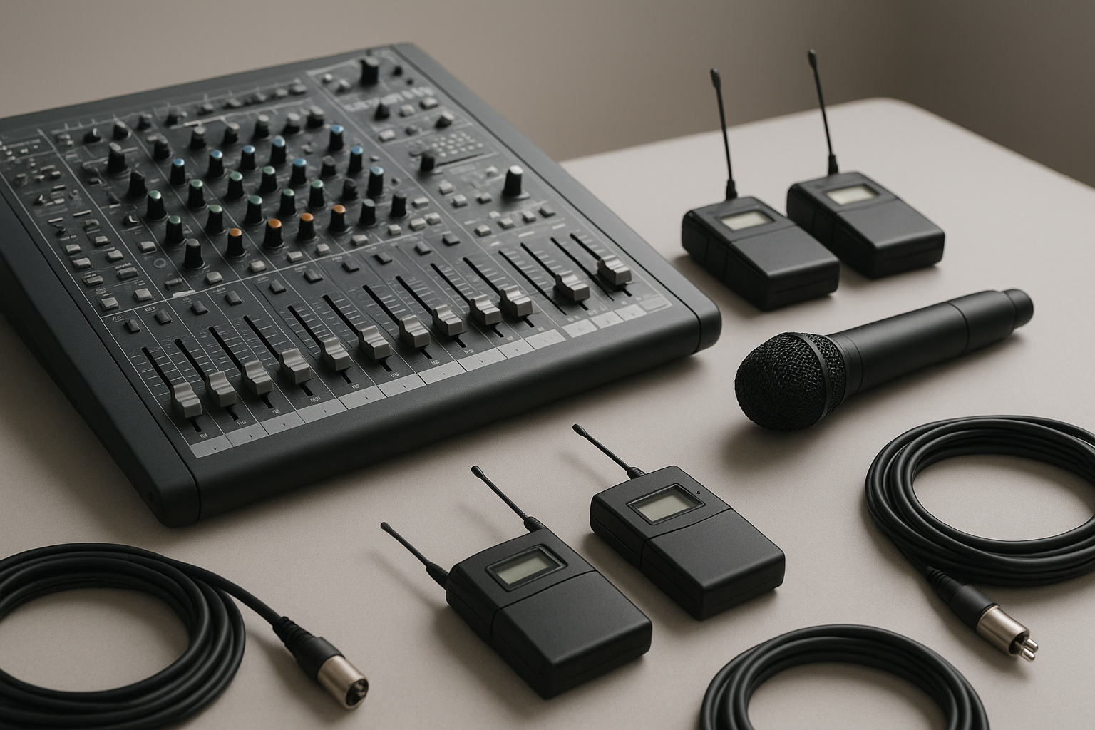 Audio mixing console and wireless microphones prepared during event AV equipment planning