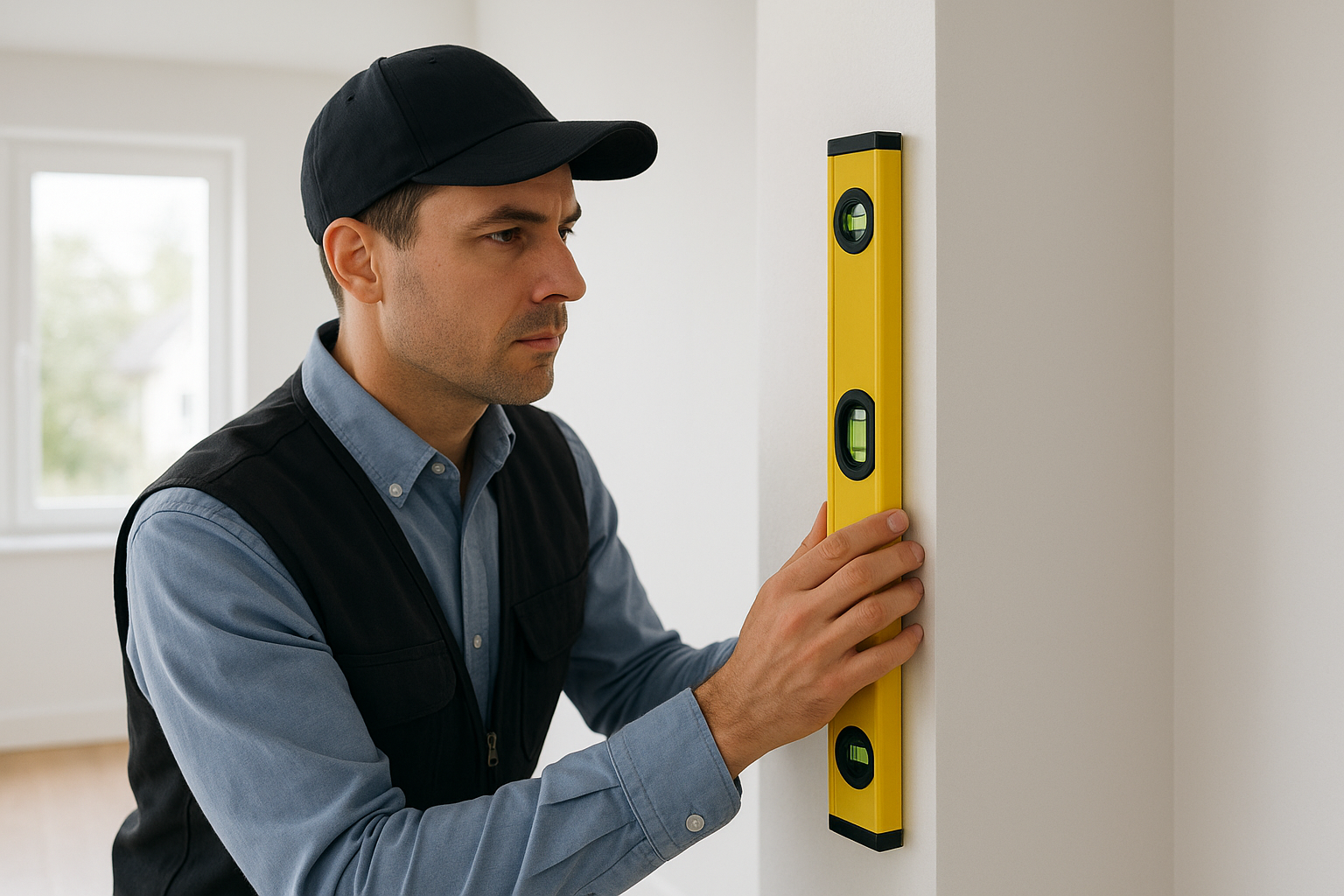 Inspector using a level tool to check wall plumb during a home evaluation