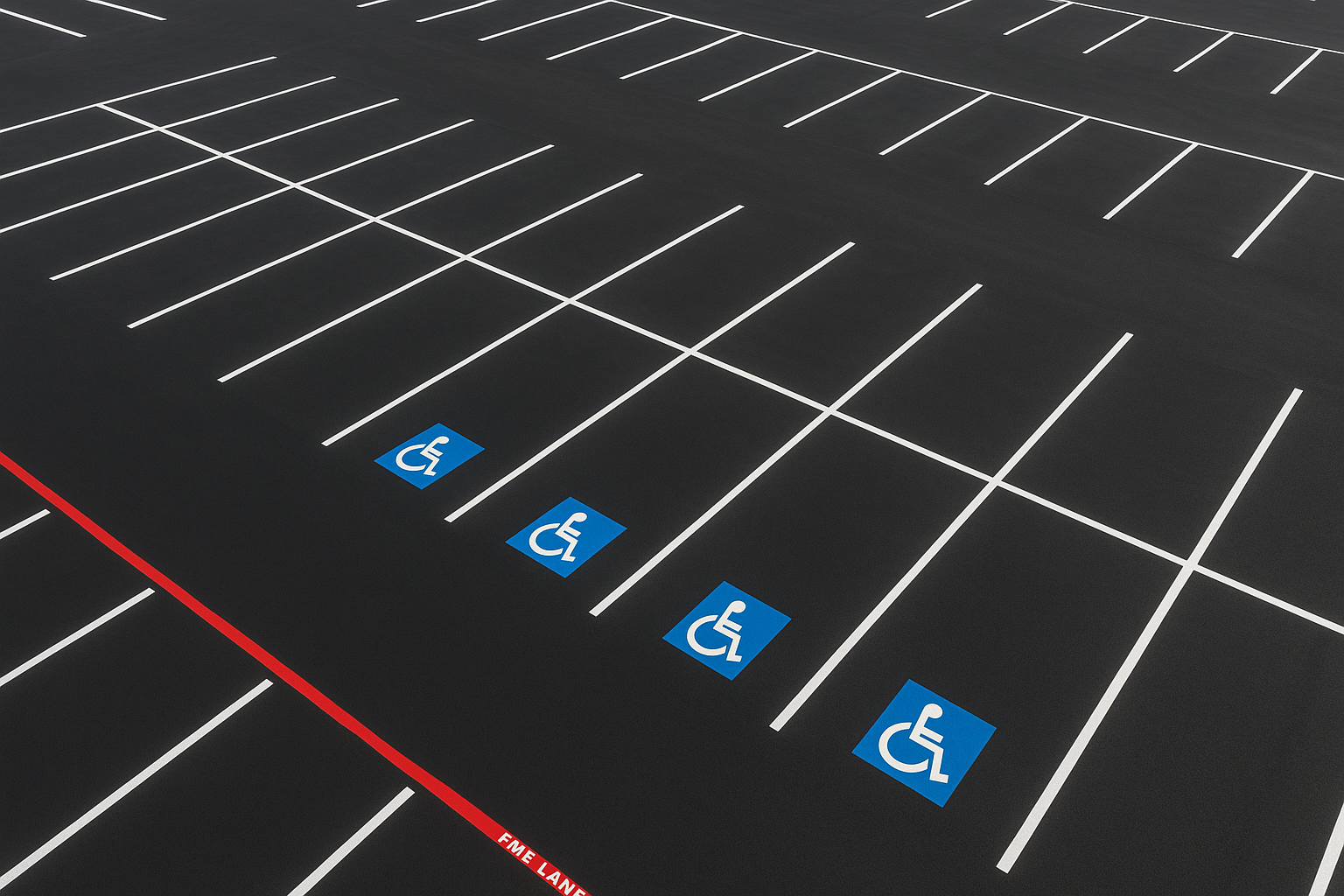 Freshly completed otto's parking marking project showing white stall lines, ADA symbols, and fire lane designations on black asphalt