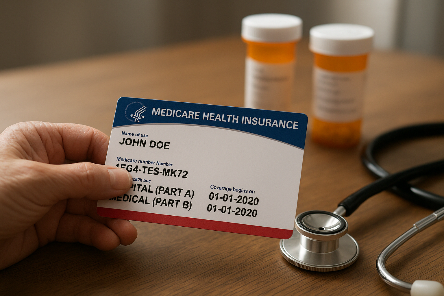 Medicare card and prescription bottles representing medical insurance plans coverage