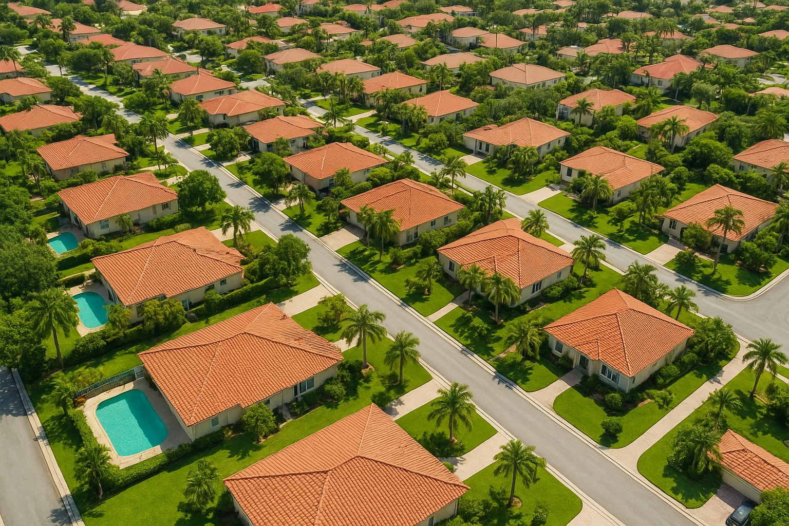 Aerial view of a South Florida neighborhood with pools and tiled roofs