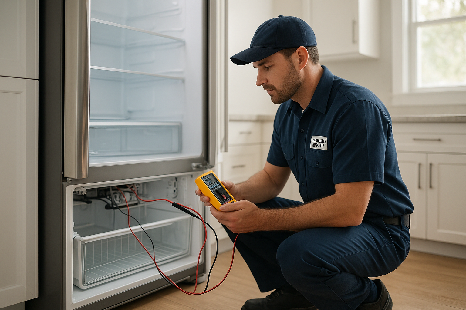 Technician providing trusted local appliance services while repairing a refrigerator in a Santa Rosa kitchen