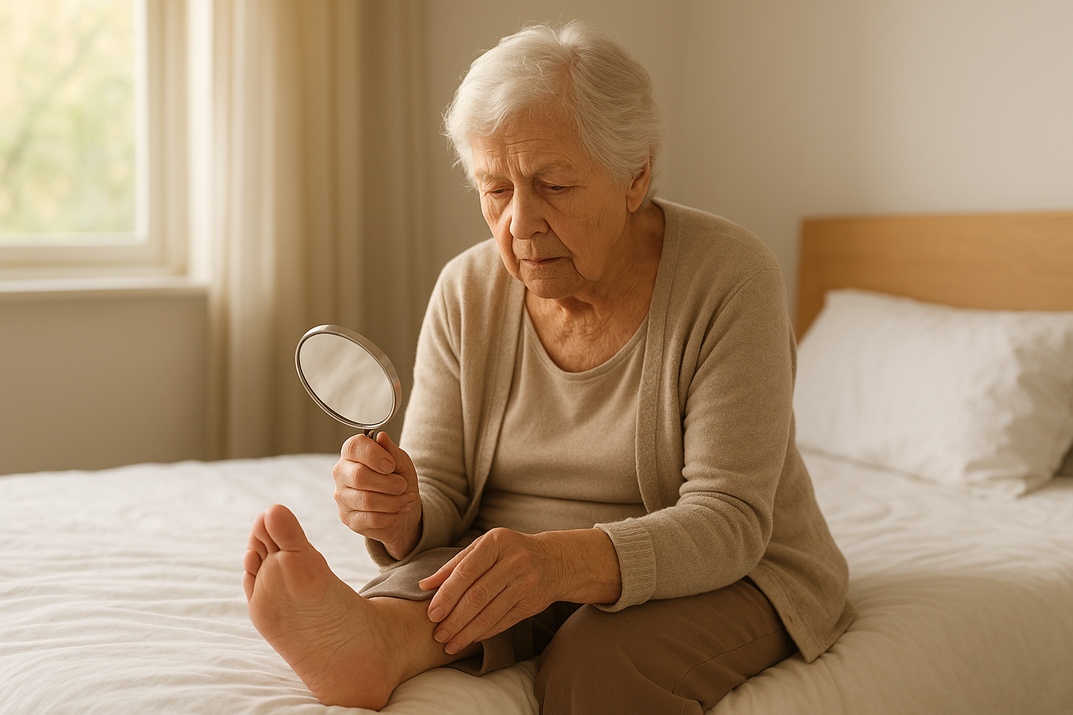 Senior woman practicing foot care solutions for seniors by checking her foot for problems