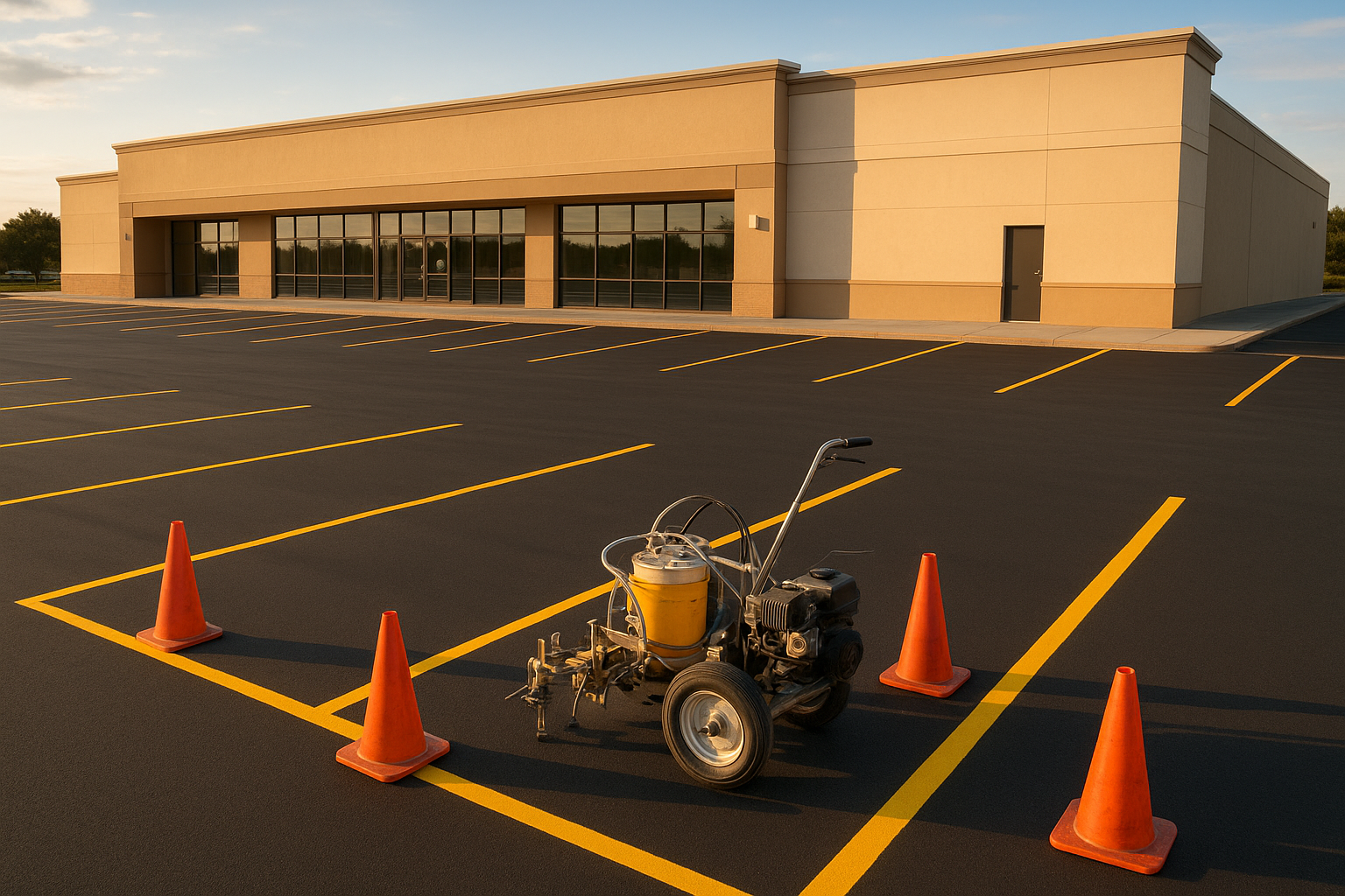 Freshly painted retail parking lot striping with yellow lines outside a shopping center