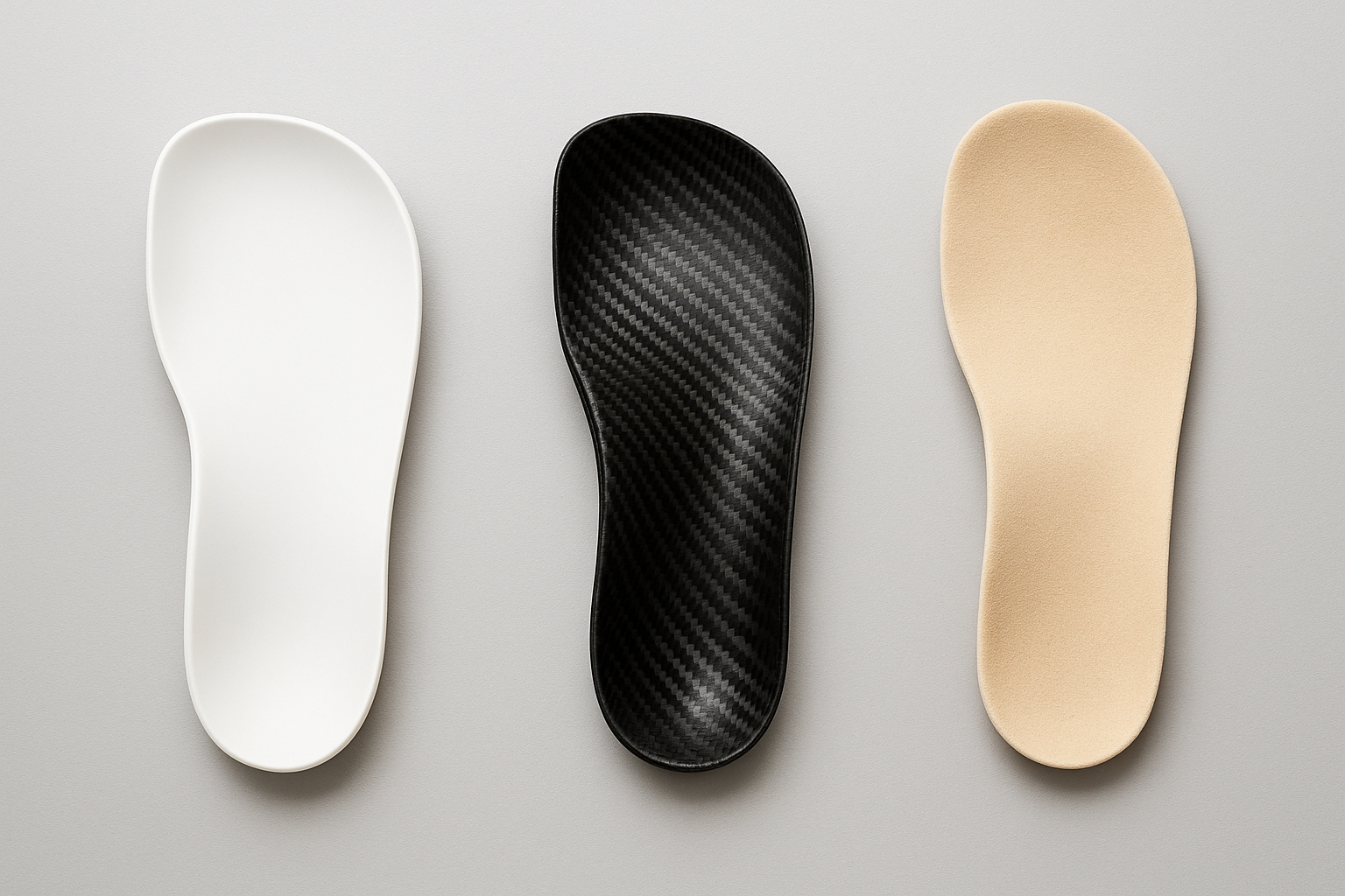 Three types of orthotic shell materials: rigid polypropylene, carbon fiber, and soft foam