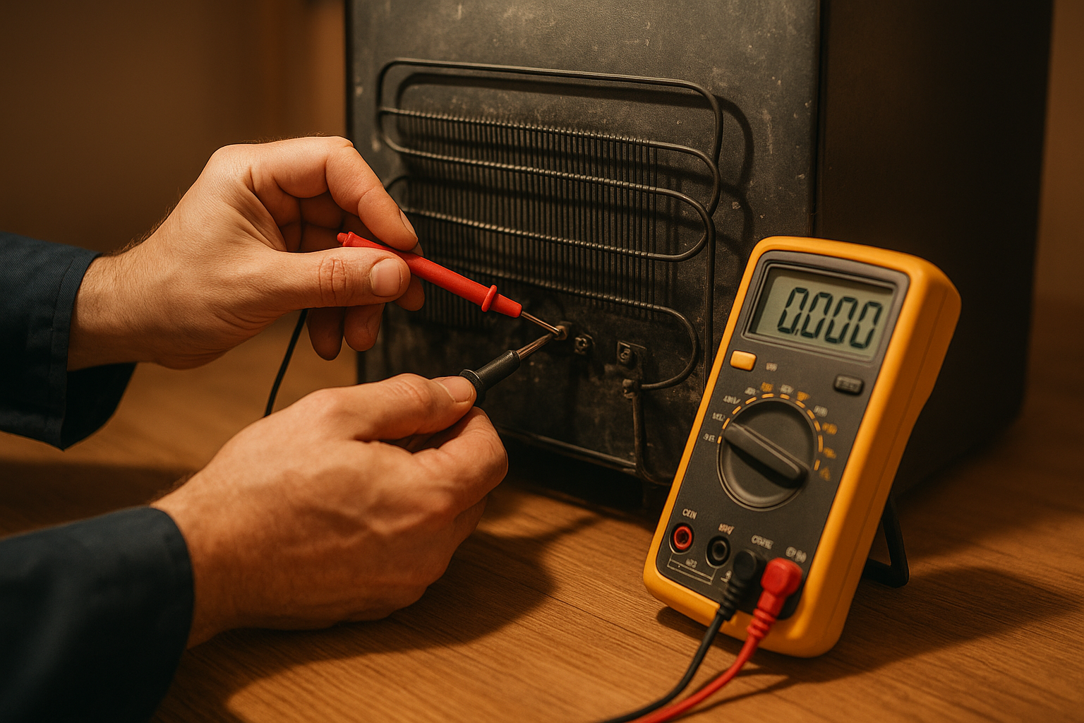 Technician diagnosing a problem while working to repair small refrigerator compressor unit