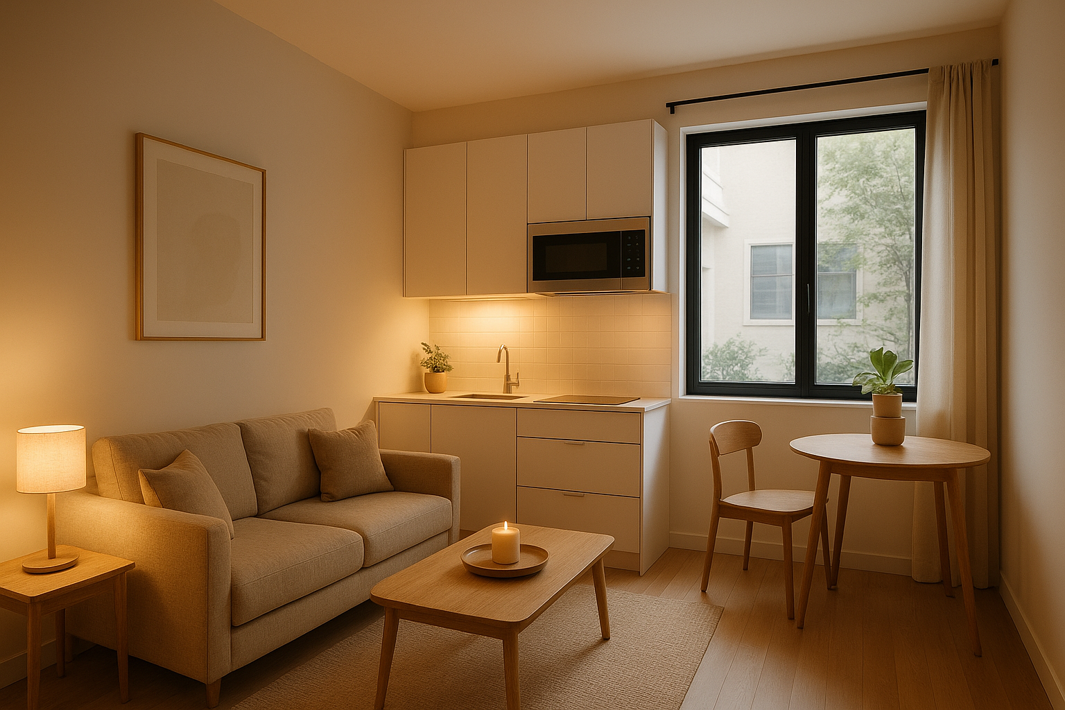 Stylish interior of a finished ADU studio apartment with kitchenette and natural light