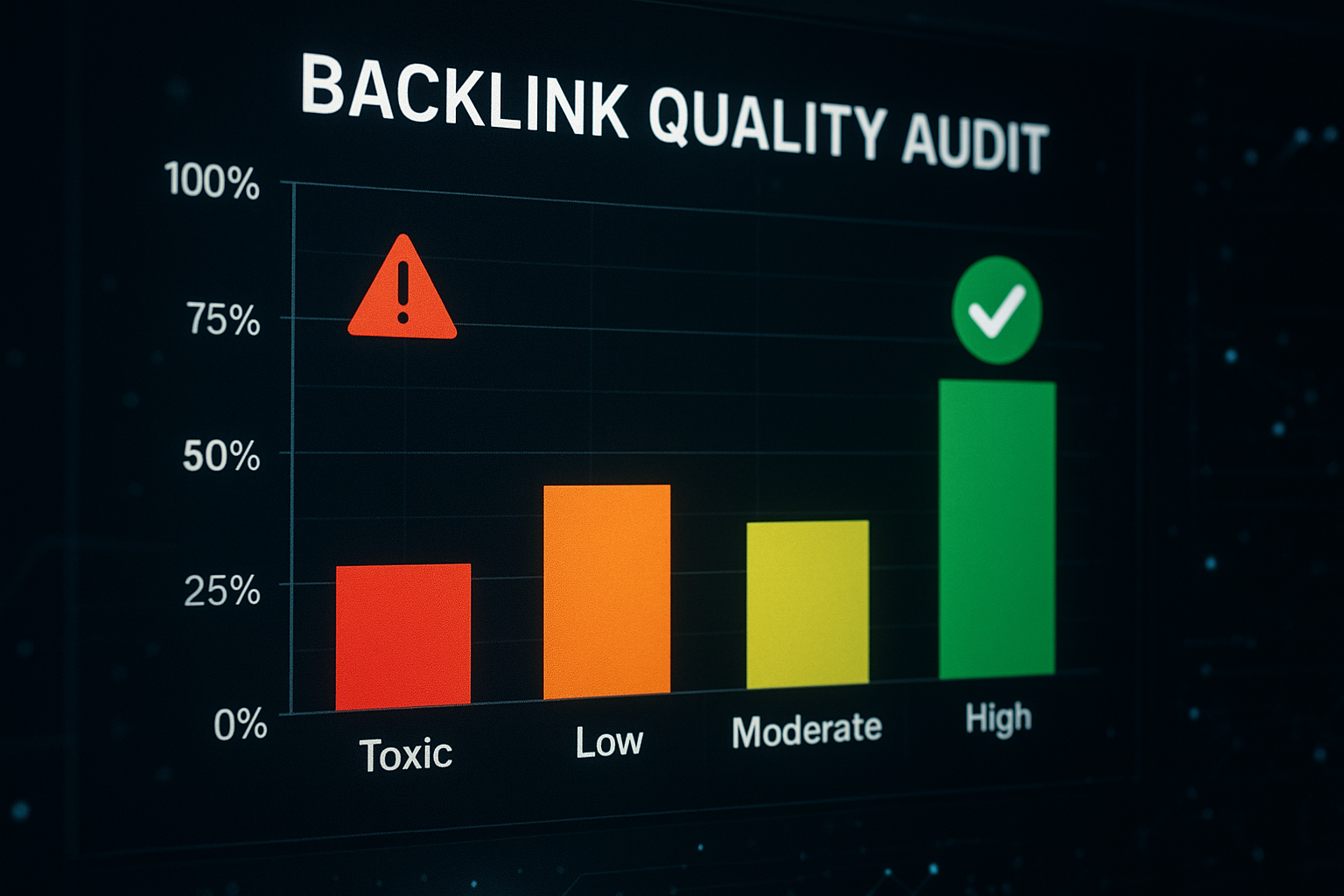 Backlink quality audit chart highlighting toxic inbound links with red flags and high-authority links with green checkmarks