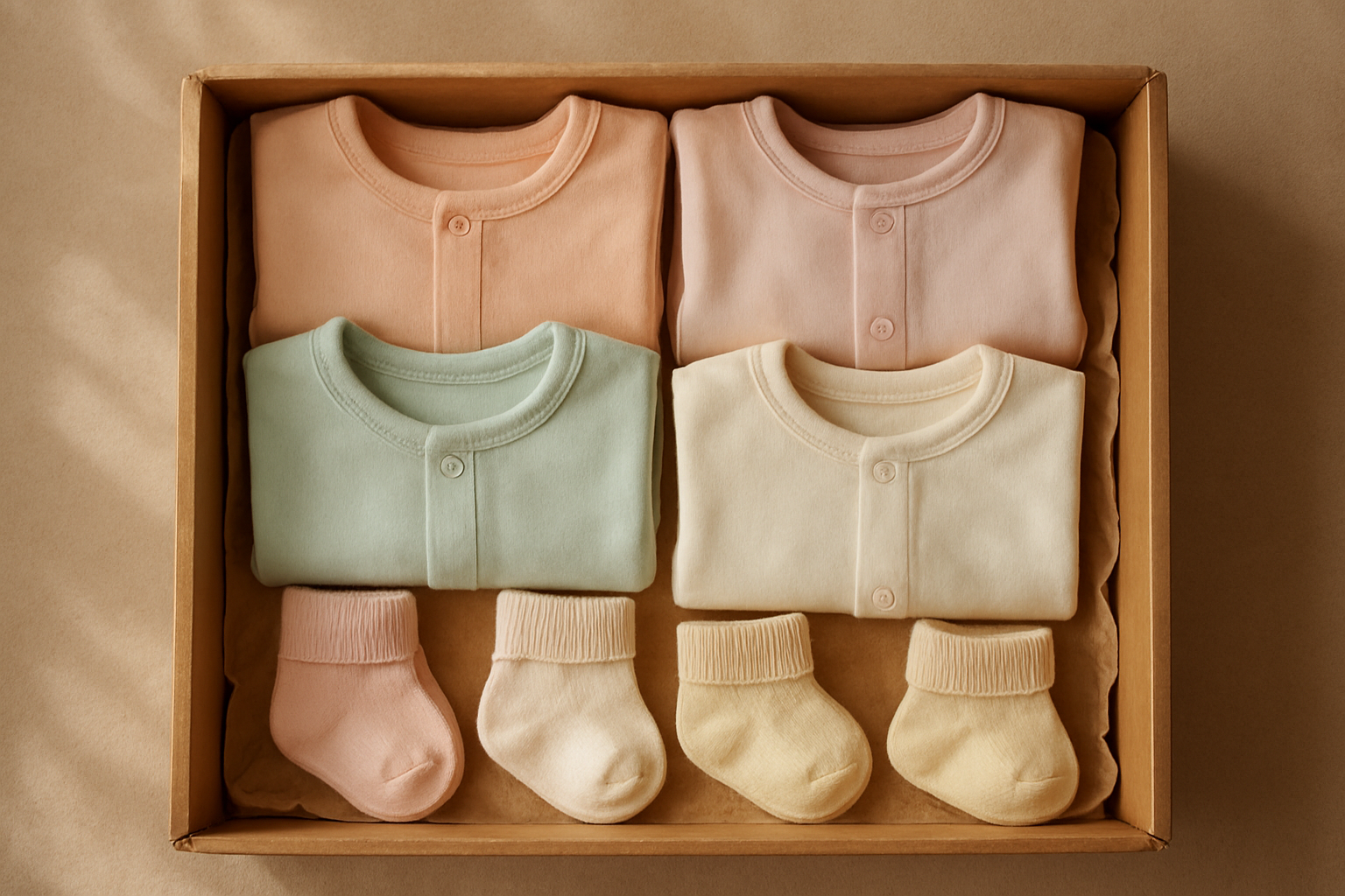 Curated clothing rental for infants bundle with folded onesies and sleepers in a delivery box